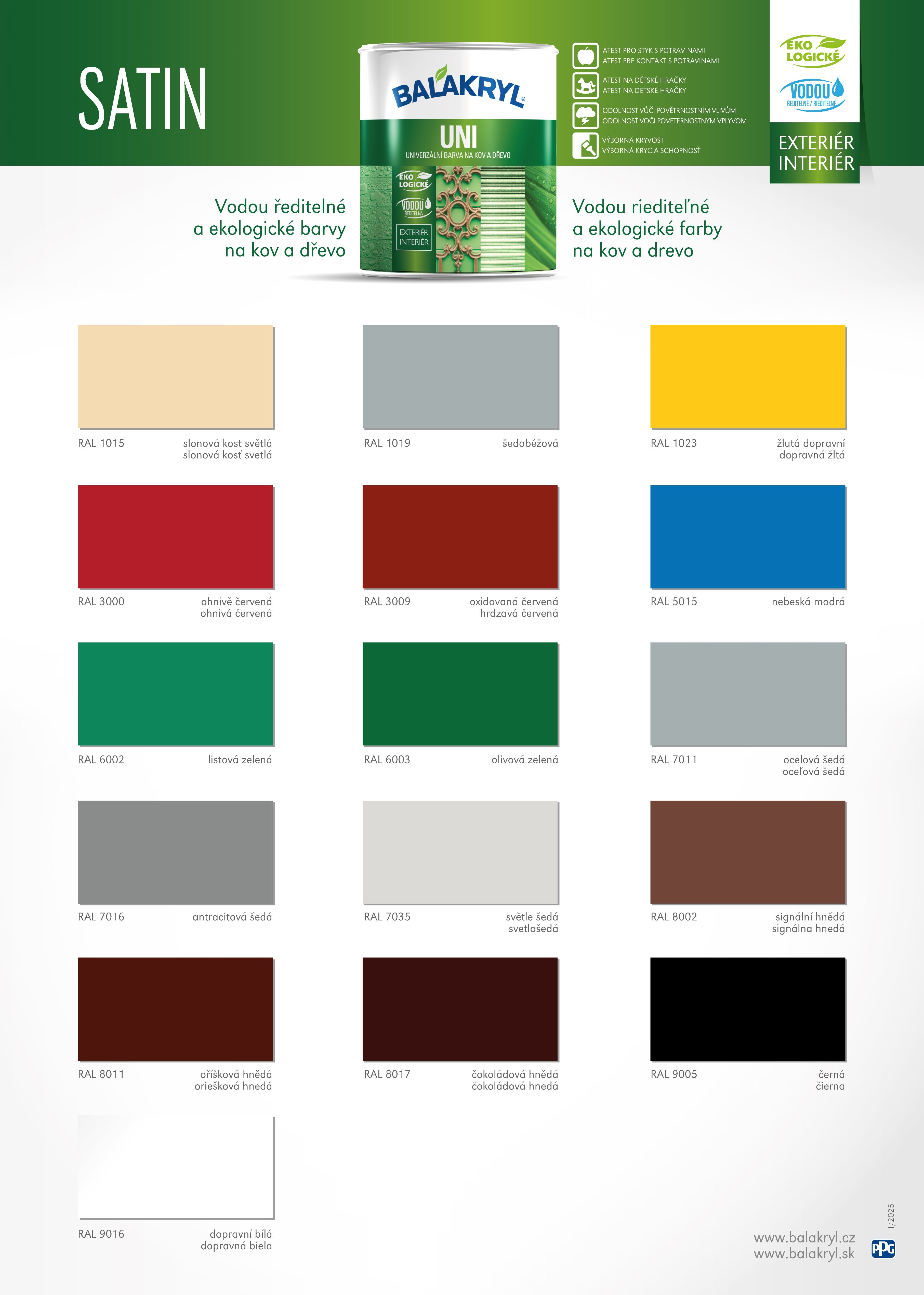 BALAKRYL UNI SATIN vodou ředitelná rychleschnoucí univerzální barva na kov a dřevo vzorník