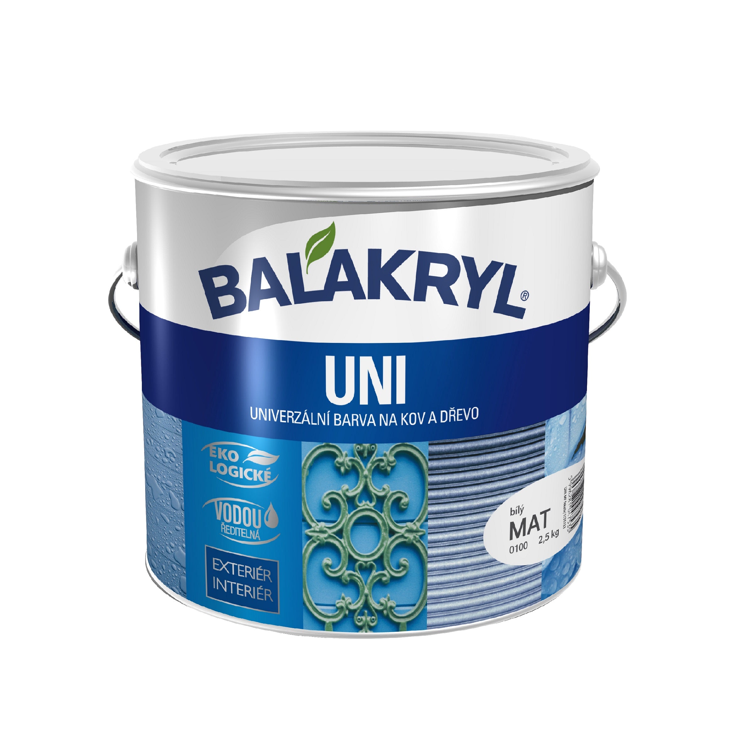 BALAKRYL UNI MAT vodou ředitelná rychleschnoucí univerzální barva na kov a dřevo bílá 2,5 kg