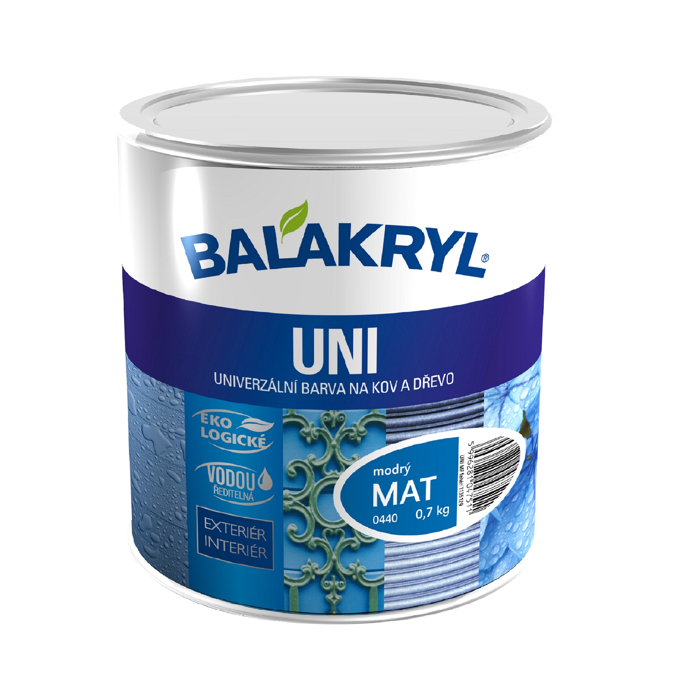 BALAKRYL UNI MAT vodou ředitelná rychleschnoucí univerzální barva na kov a dřevo modrá 0,7 kg