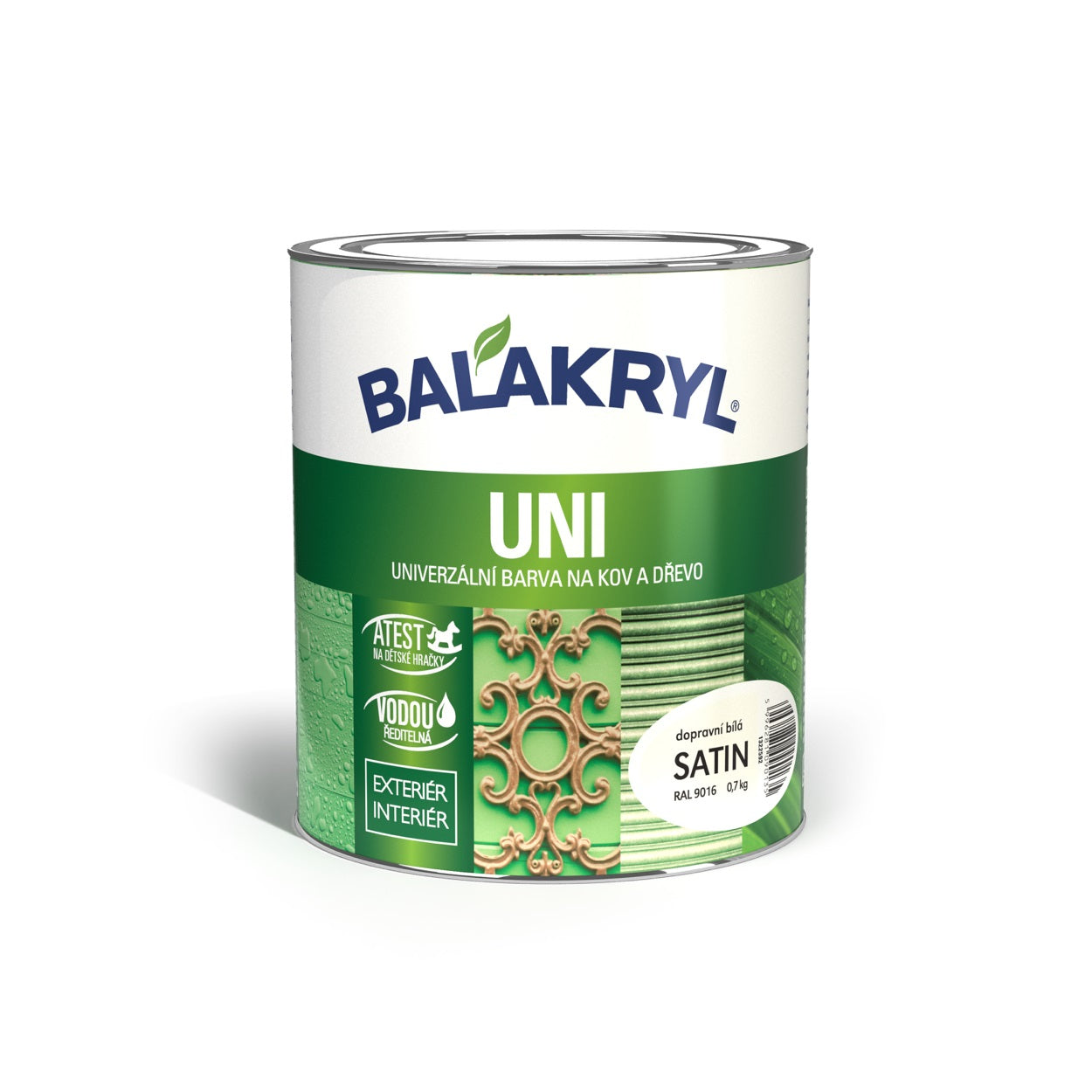 BALAKRYL UNI SATIN vodou ředitelná rychleschnoucí univerzální barva na kov a dřevo dopravní bílá 0,7 kg