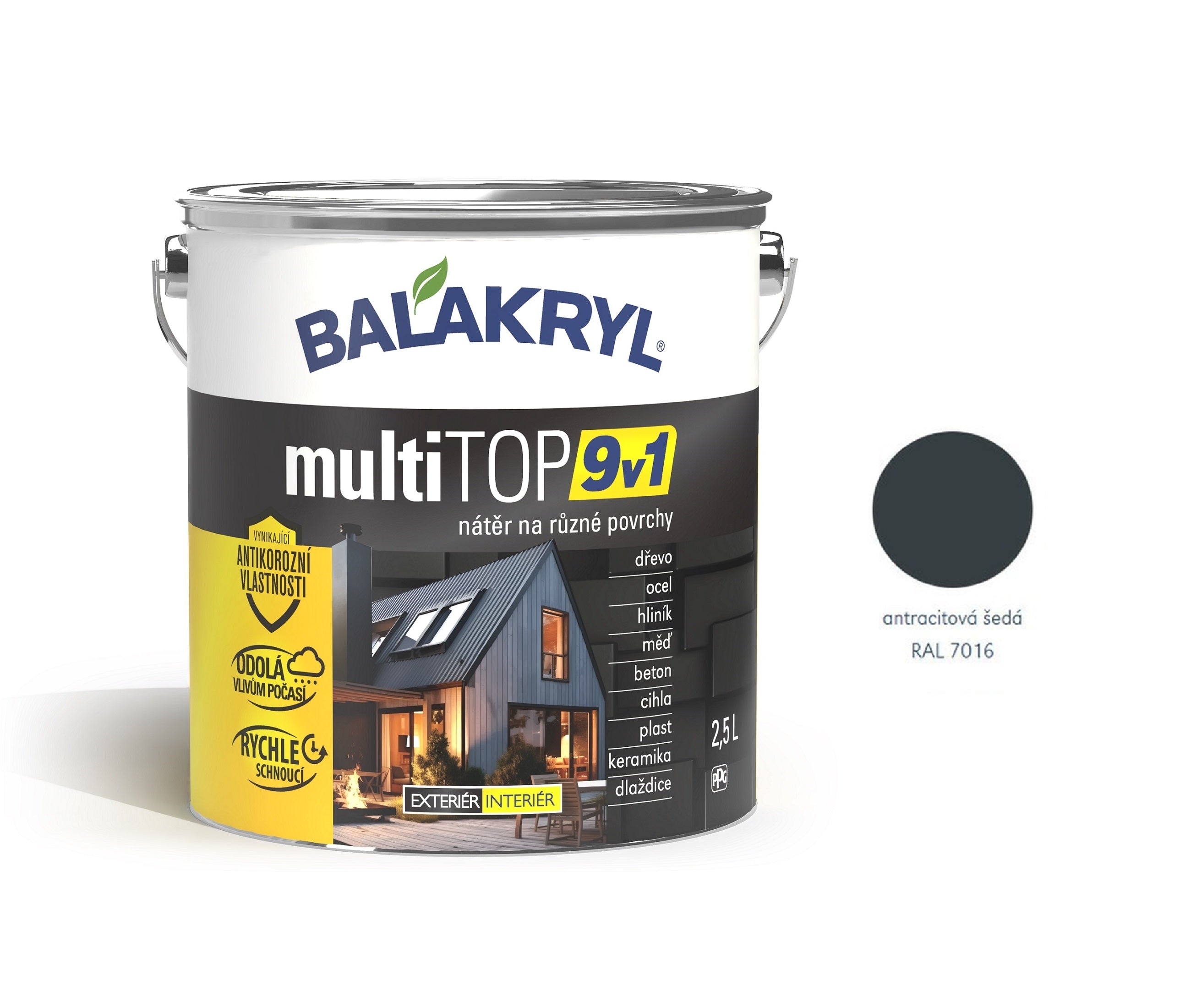 BALAKRYL multiTOP 9v1 matná antikorozní akrylátová barva pro různé povrchy antracitová šedá 2,5 l