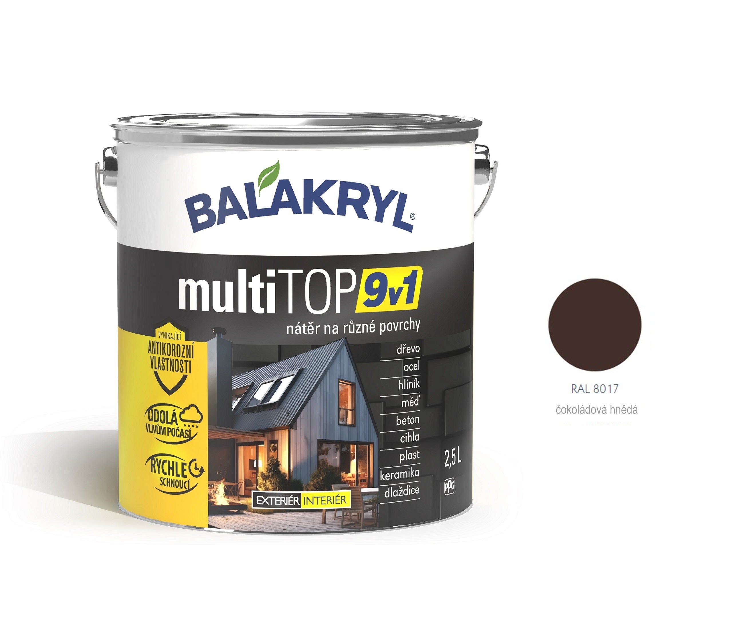 BALAKRYL multiTOP 9v1 matná antikorozní akrylátová barva pro různé povrchy čokoládová hnědá 2,5 l