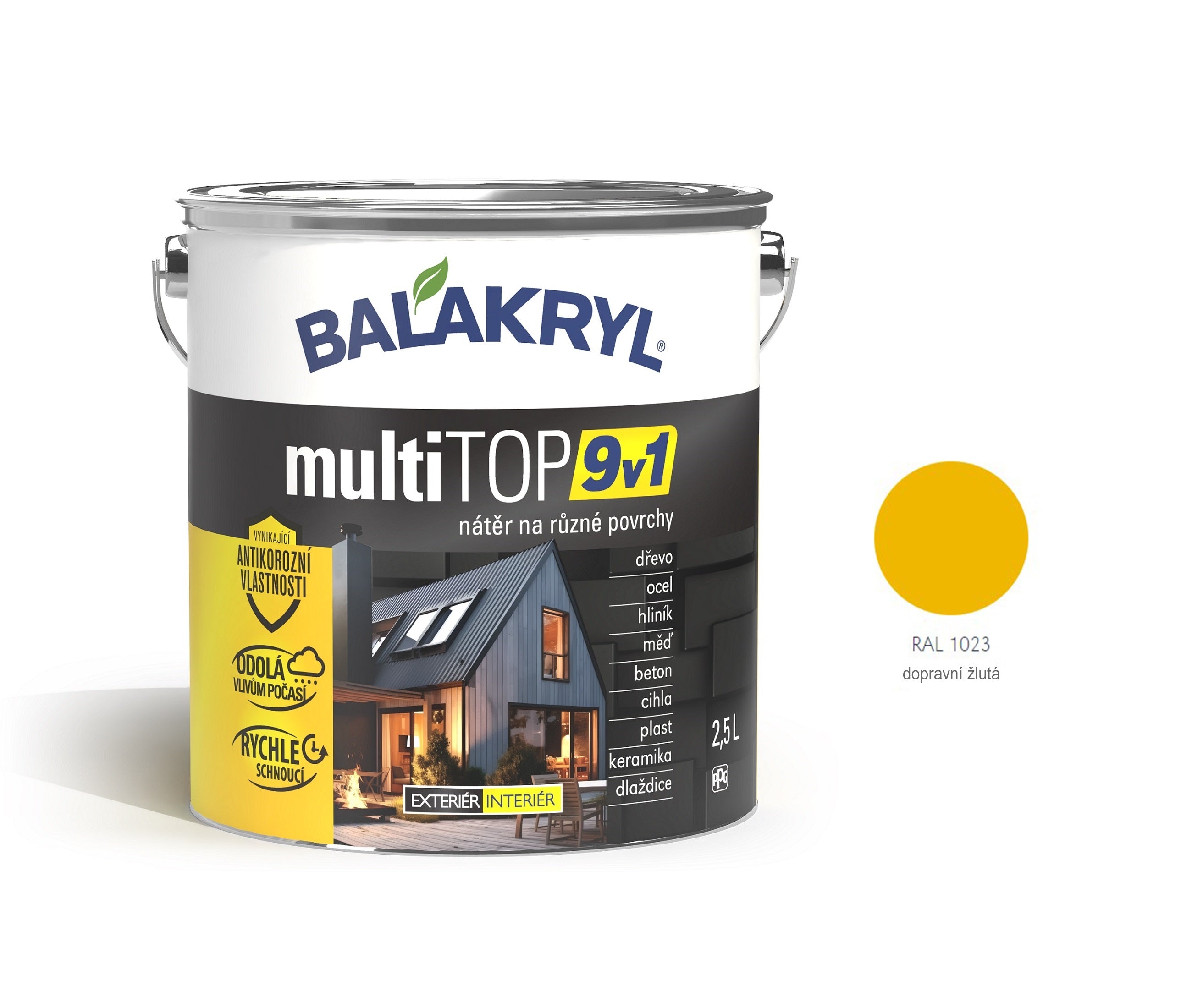 BALAKRYL multiTOP 9v1 matná antikorozní akrylátová barva pro různé povrchy dopravní žlutá 2,5 l