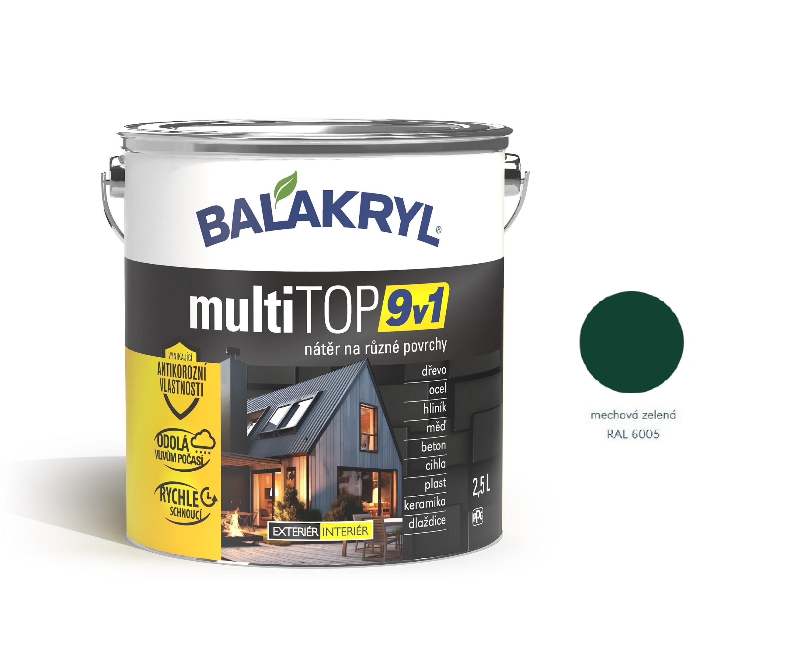 BALAKRYL multiTOP 9v1 matná antikorozní akrylátová barva pro různé povrchy mechová zelená 2,5 l
