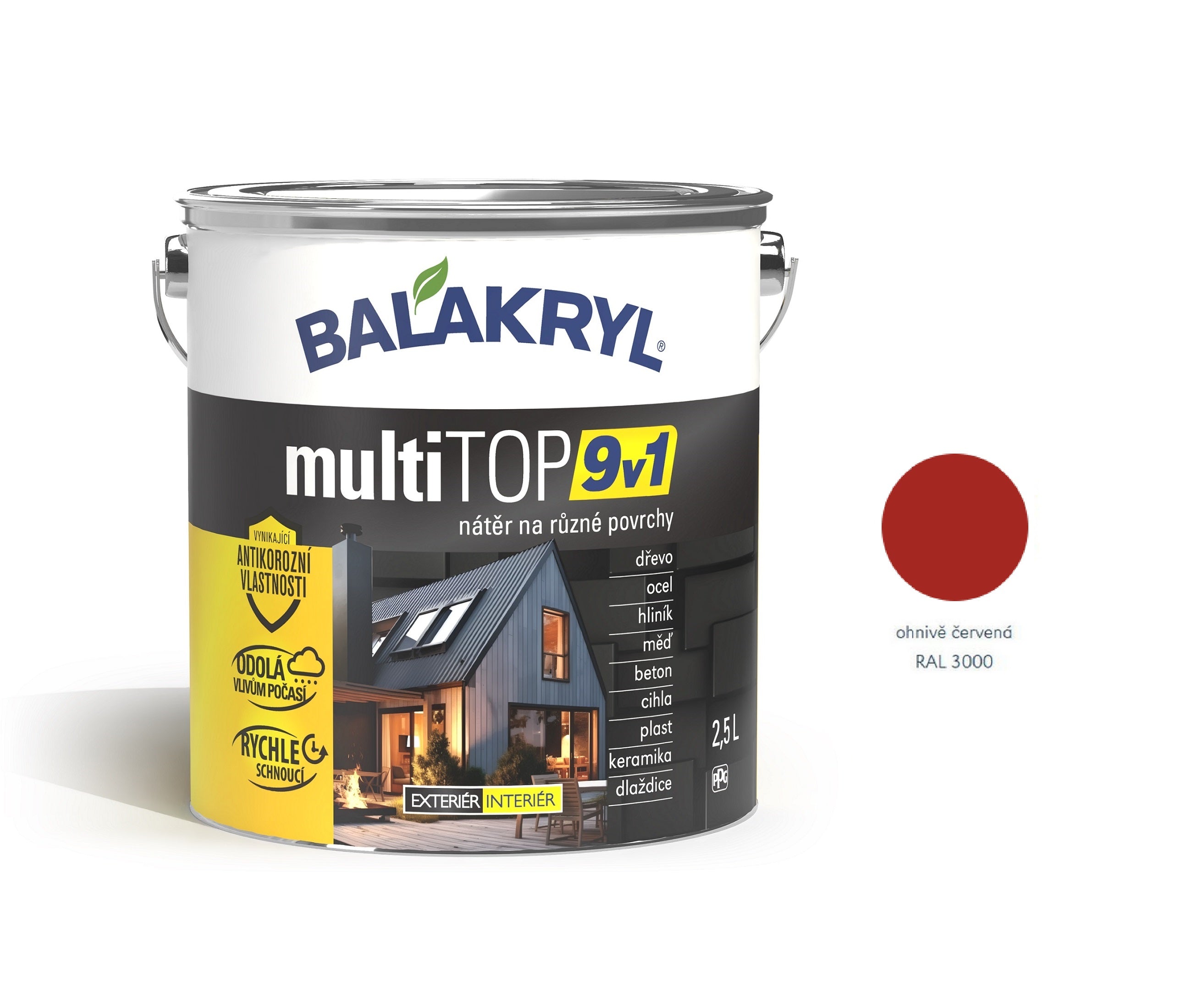 BALAKRYL multiTOP 9v1 matná antikorozní akrylátová barva pro různé povrchy ohnivě červená 2,5 l