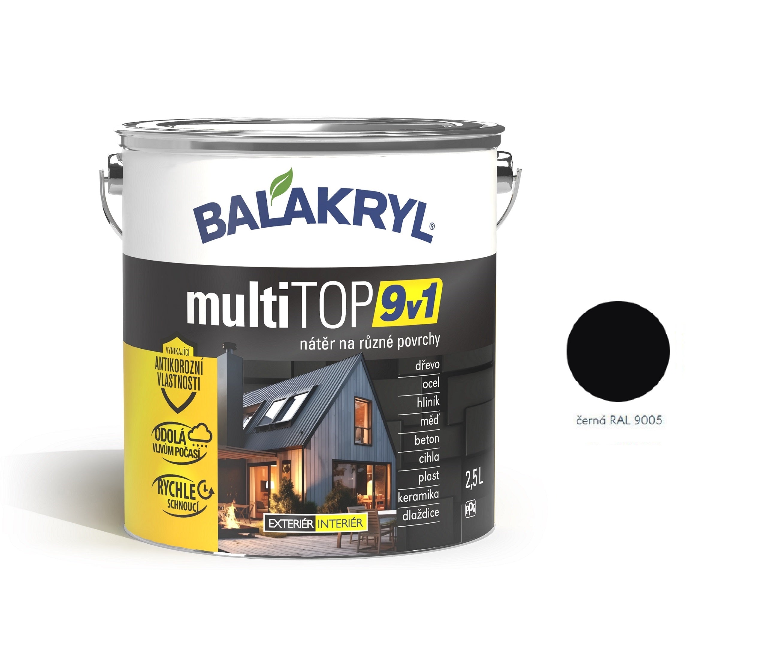 BALAKRYL multiTOP 9v1 matná antikorozní akrylátová barva pro různé povrchy signál černá 2,5 l