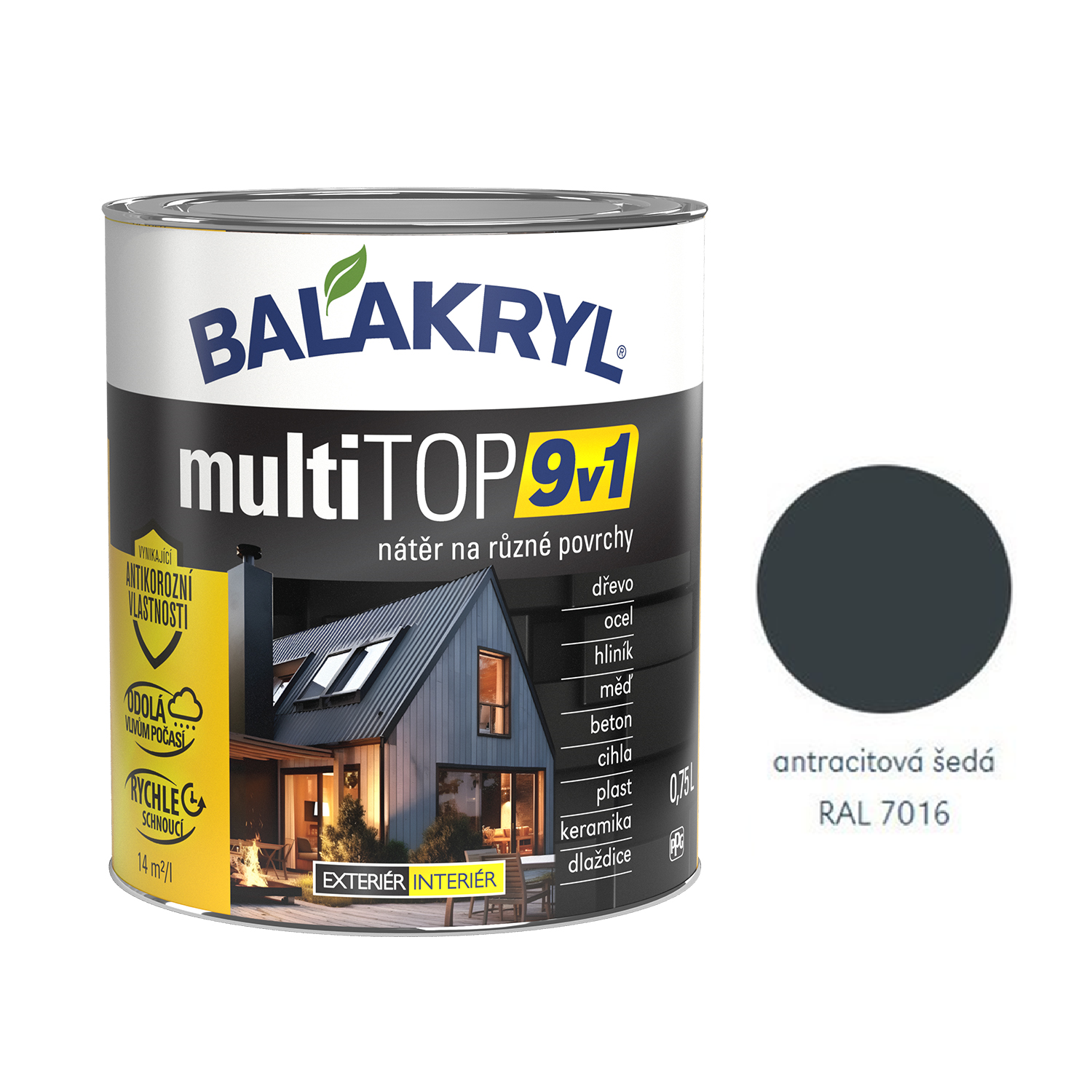BALAKRYL multiTOP 9v1 matná antikorozní akrylátová barva pro různé povrchy - antracitová šedá