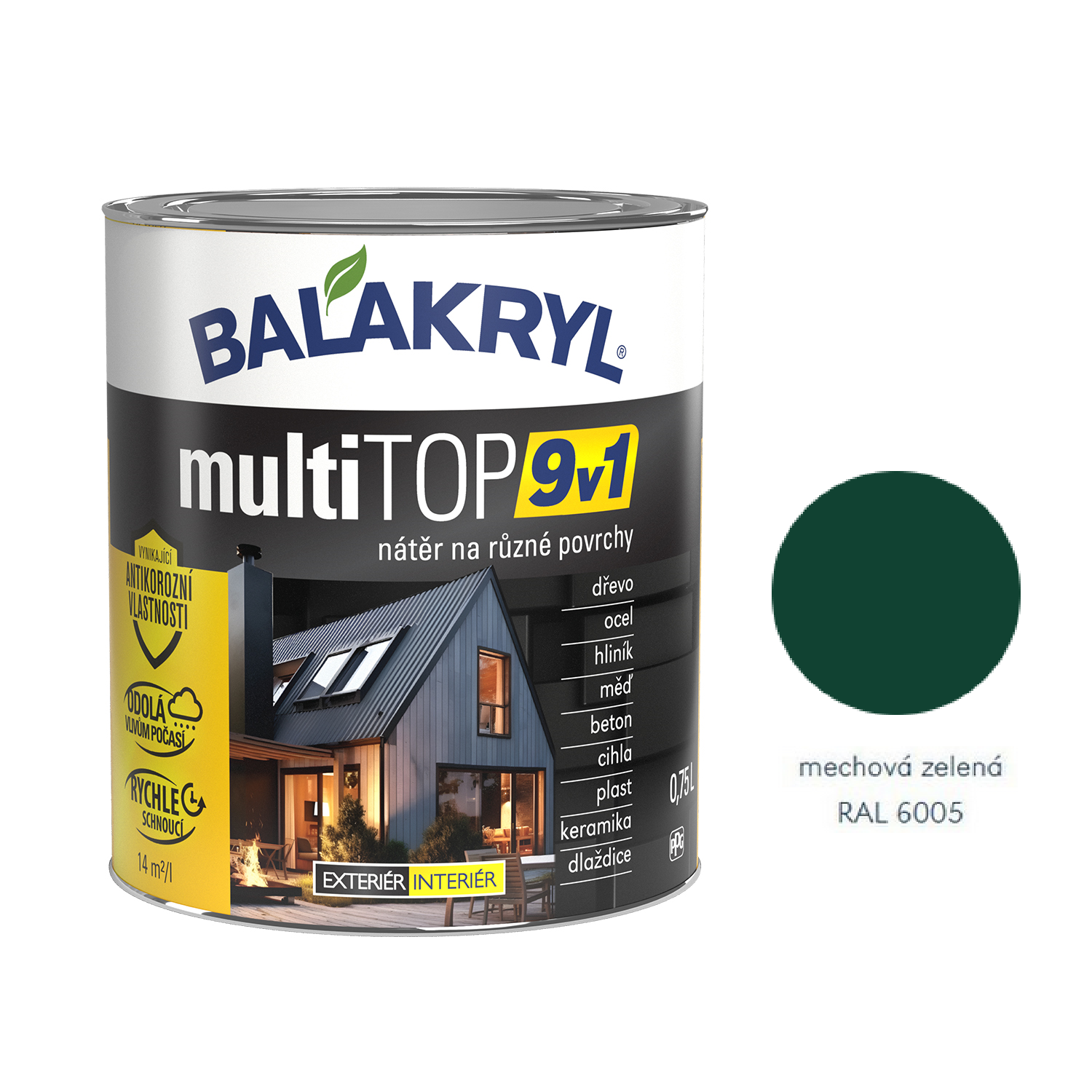 BALAKRYL multiTOP 9v1 matná antikorozní akrylátová barva pro různé povrchy - mechová zelená