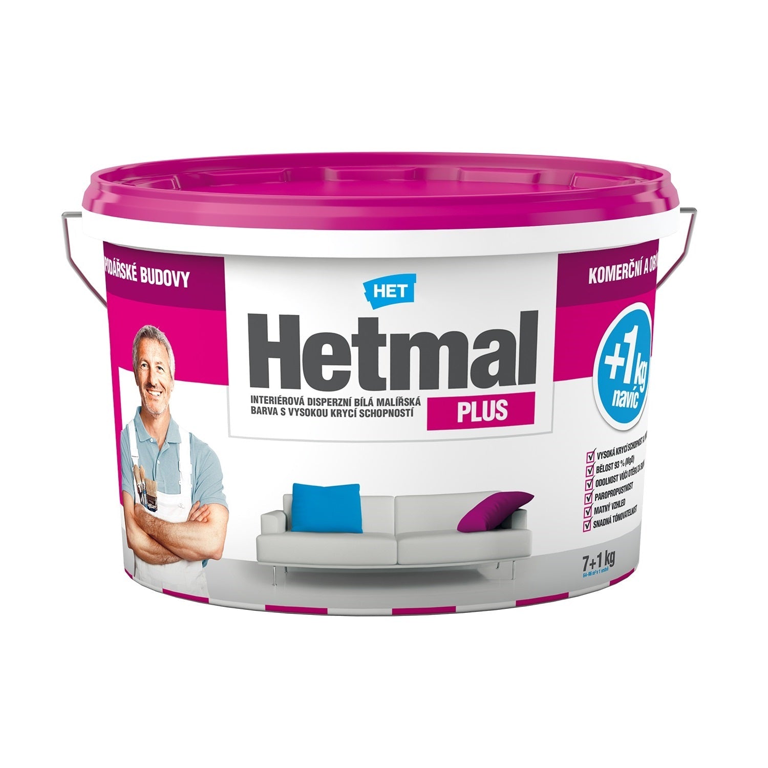 HET Hetmal PLUS interiérová otěruvzdorná bílá barva na zeď 7 kg + 1 kg zdarma