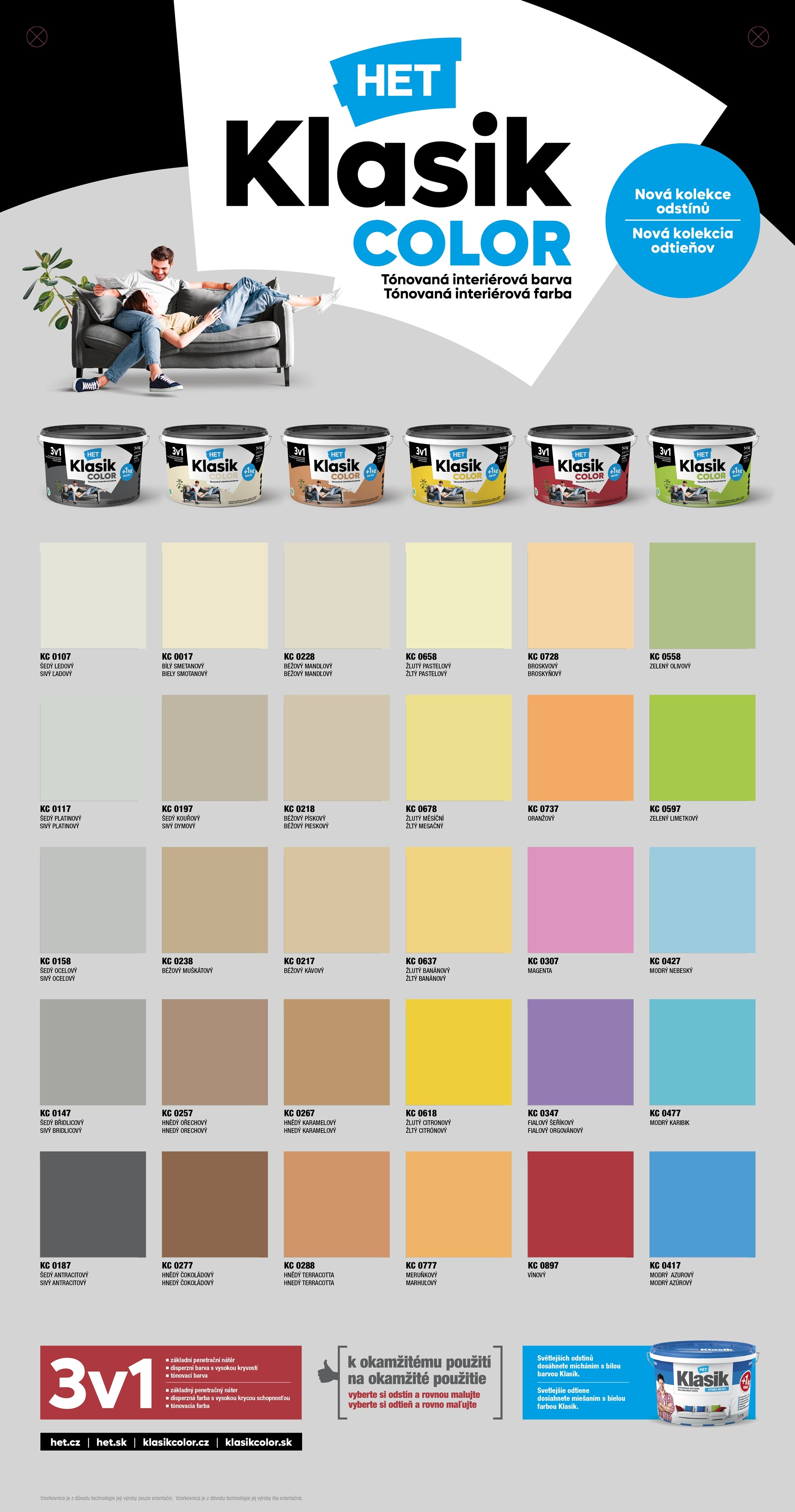 HET Klasik COLOR pastelová interiérová akrylátová otěruvzdorná barva na zeď