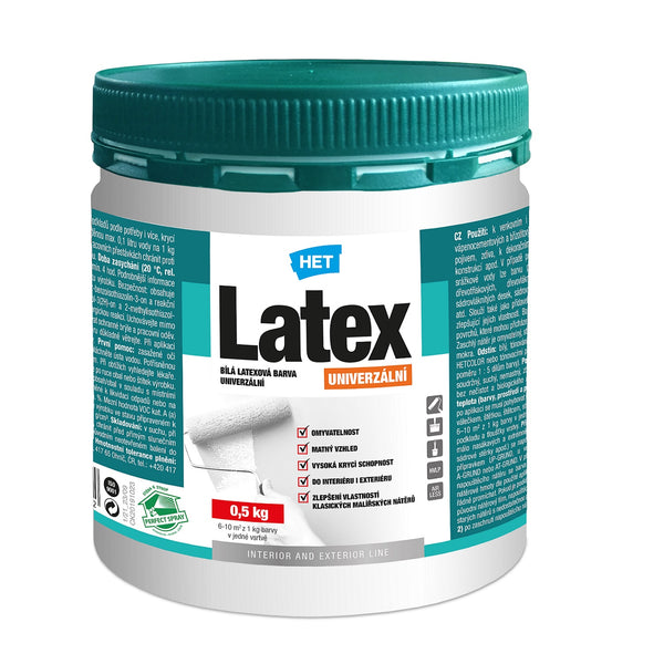 HET Latex UNIVERZÁLNÍ bílá omyvatelná latexová barva do interiéru i exteriéru 0,5 kg