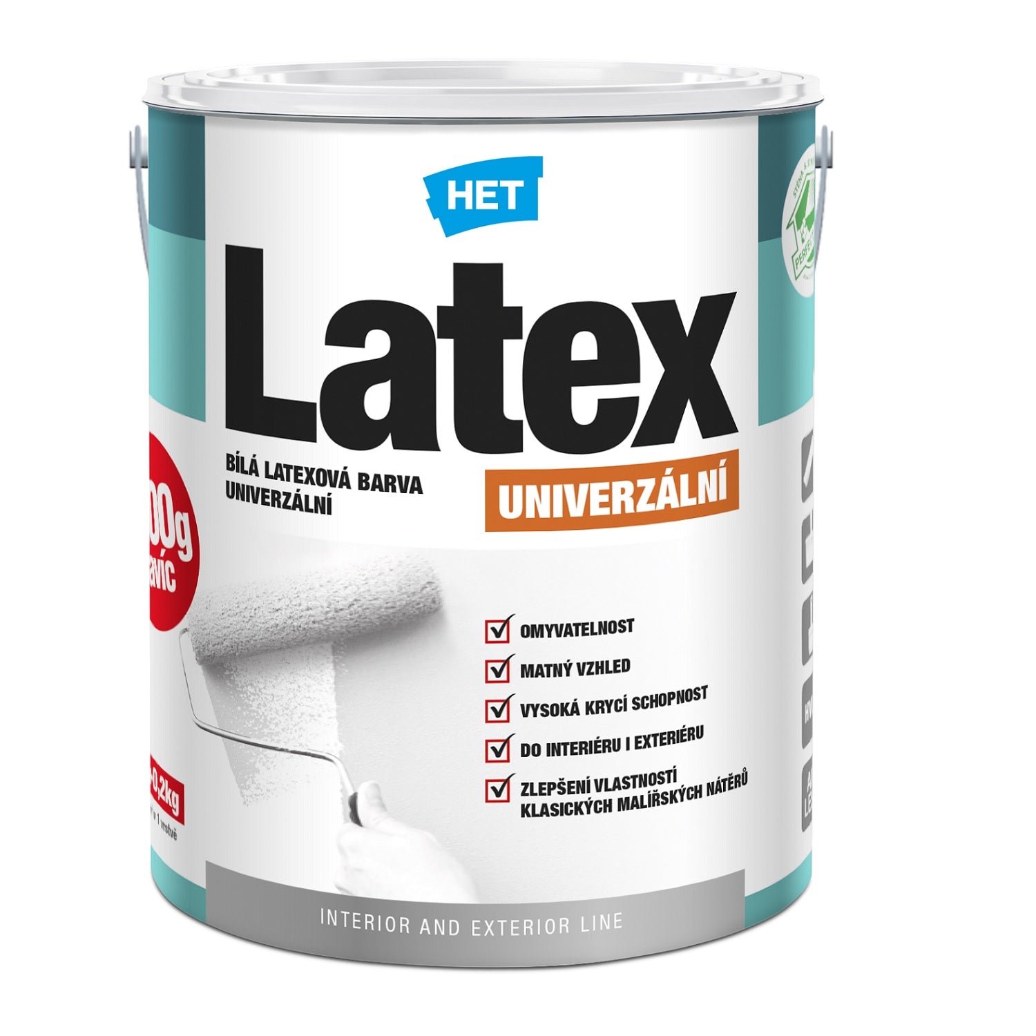 HET Latex UNIVERZÁLNÍ bílá omyvatelná latexová barva do interiéru i exteriéru 0,8 + 0,2 kg