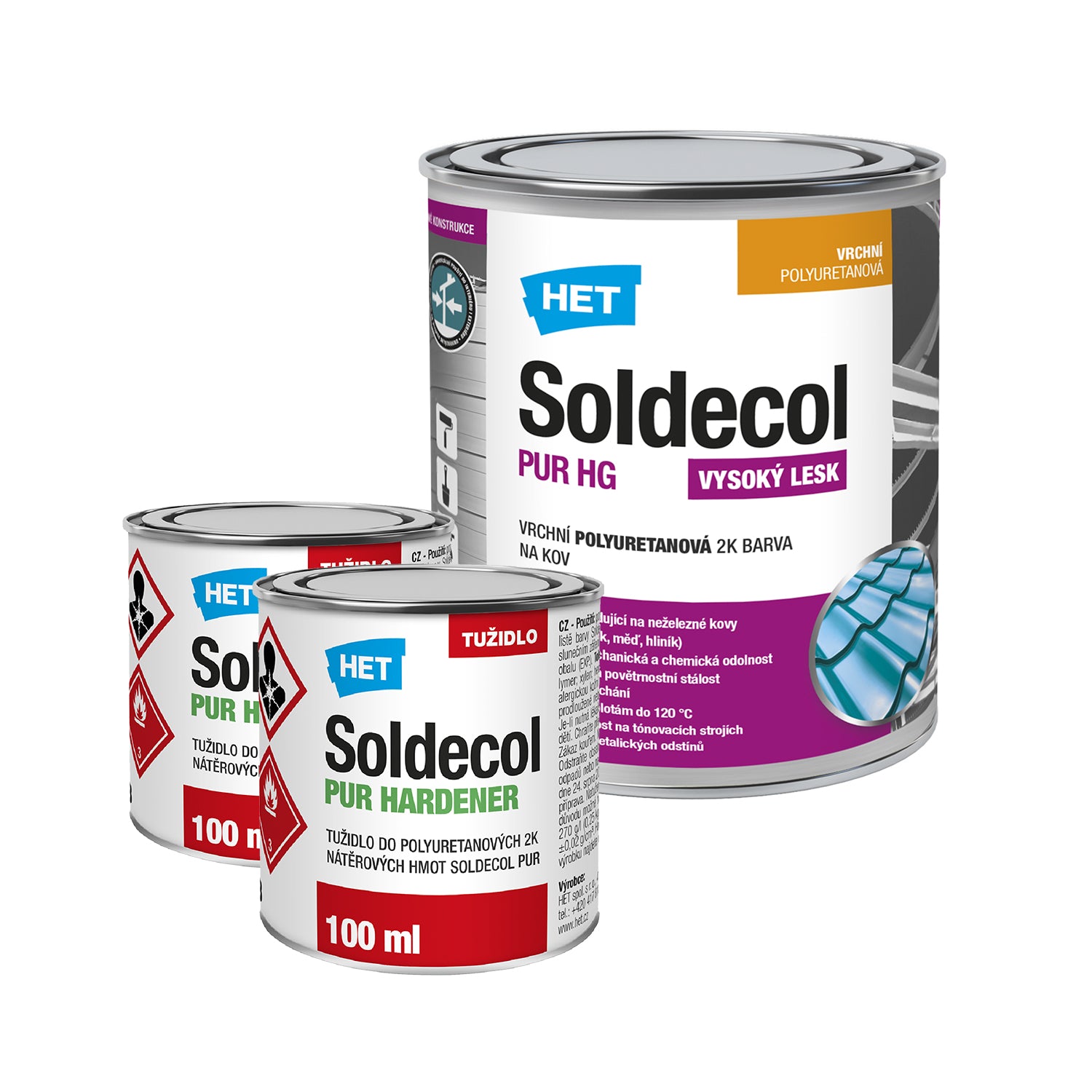 HET Soldecol PUR HG polyuretanová rychleschnoucí barva na kov - 0,95 l (0,75 l + 2 x 100 ml tužidlo)