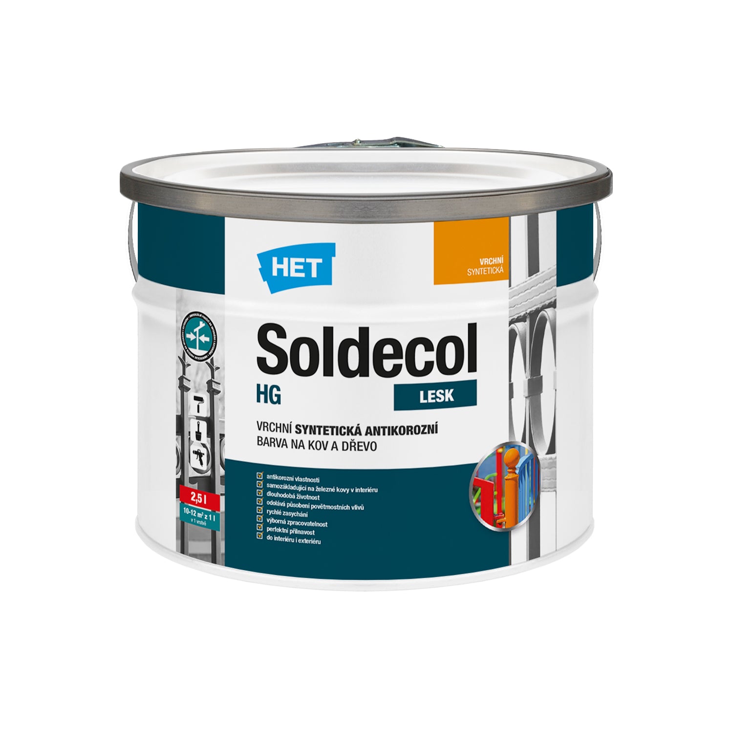 HET Soldecol HG rychleschnoucí syntetická antikorozní barva na kov a dřevo 2,5 l