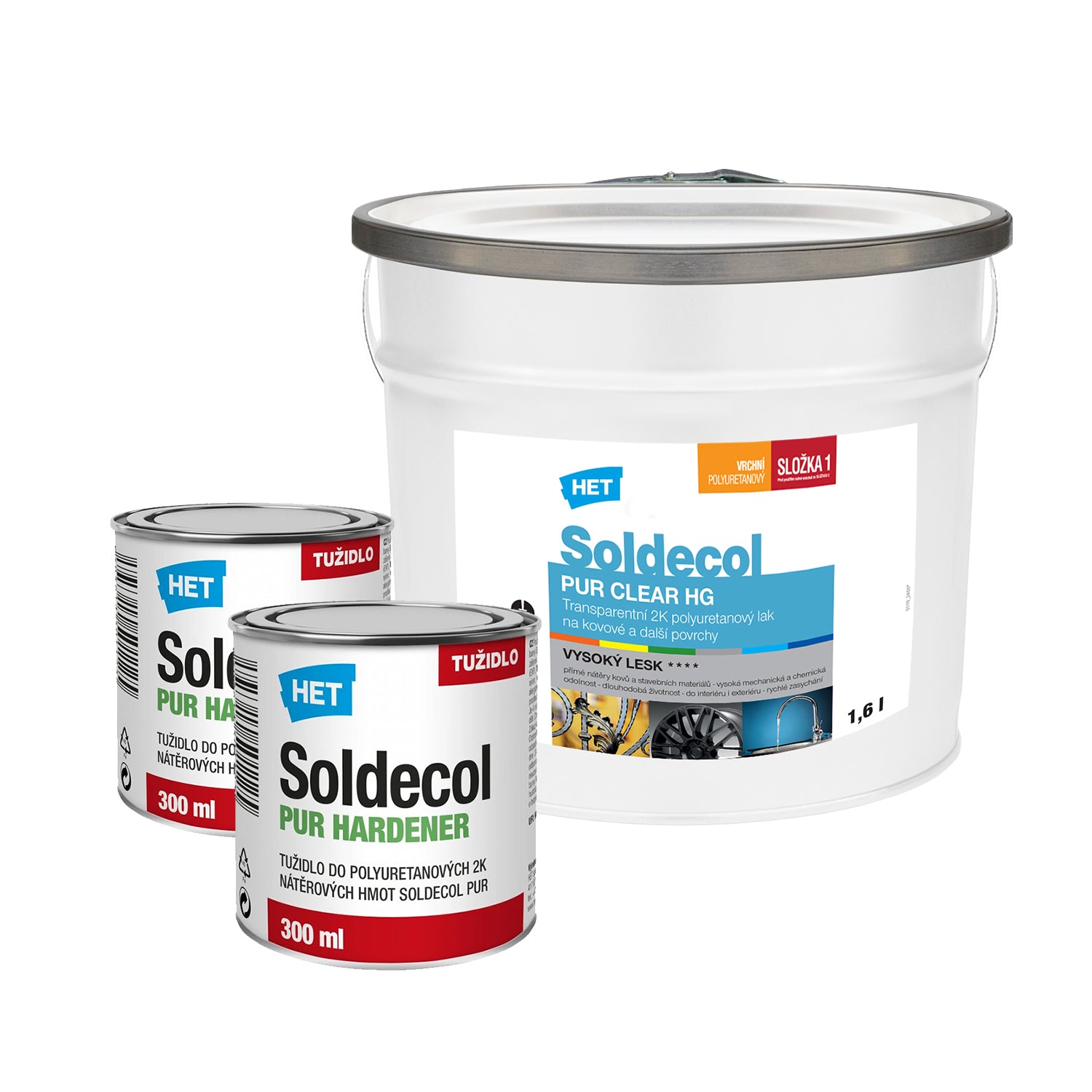 HET Soldecol PUR CLEAR HG polyuretanový 2K lesklý bezbarvý lak na kov a jiné povrchy - 2.2 l (1.6 l lak + 2 x 0.3 l tužidlo)