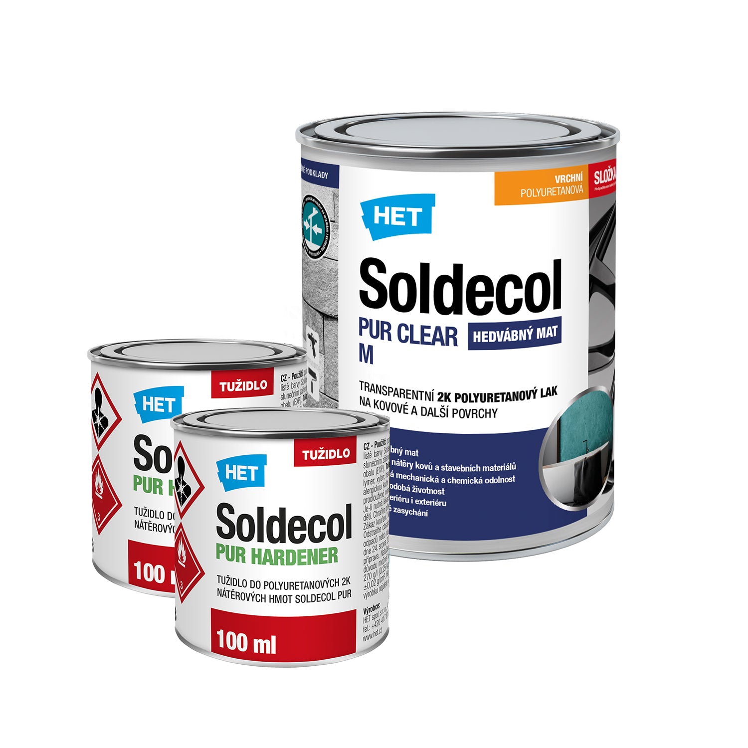 HET Soldecol PUR CLEAR M polyuretanový 2K matný bezbarvý lak na kov a jiné povrchy - 0,85 l (0,65 l lak + 2x 100 ml tužidlo)