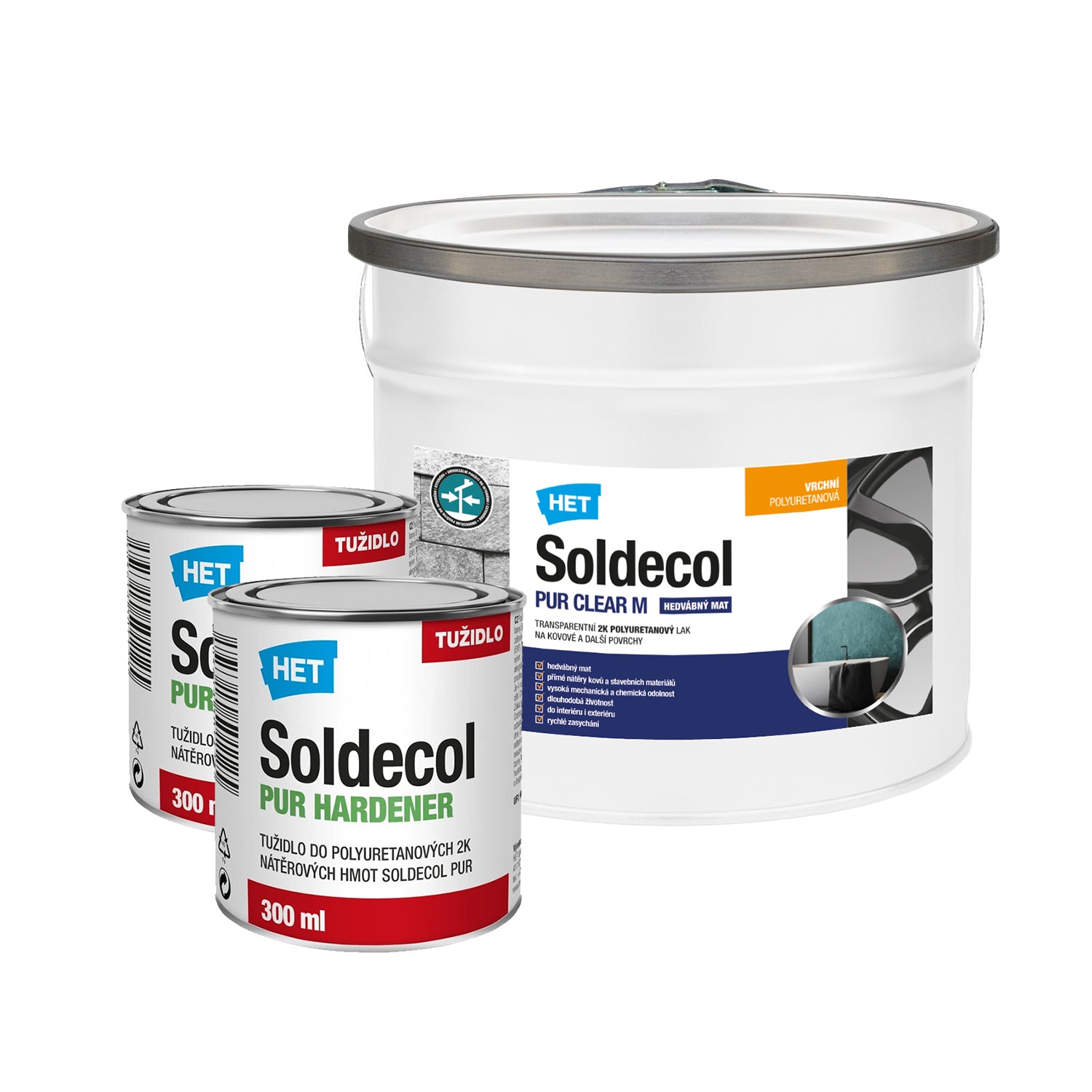 HET Soldecol PUR CLEAR M polyuretanový 2K matný bezbarvý lak na kov a jiné povrchy - 2,60 l (2 l lak + 2x 300 ml tužidlo)