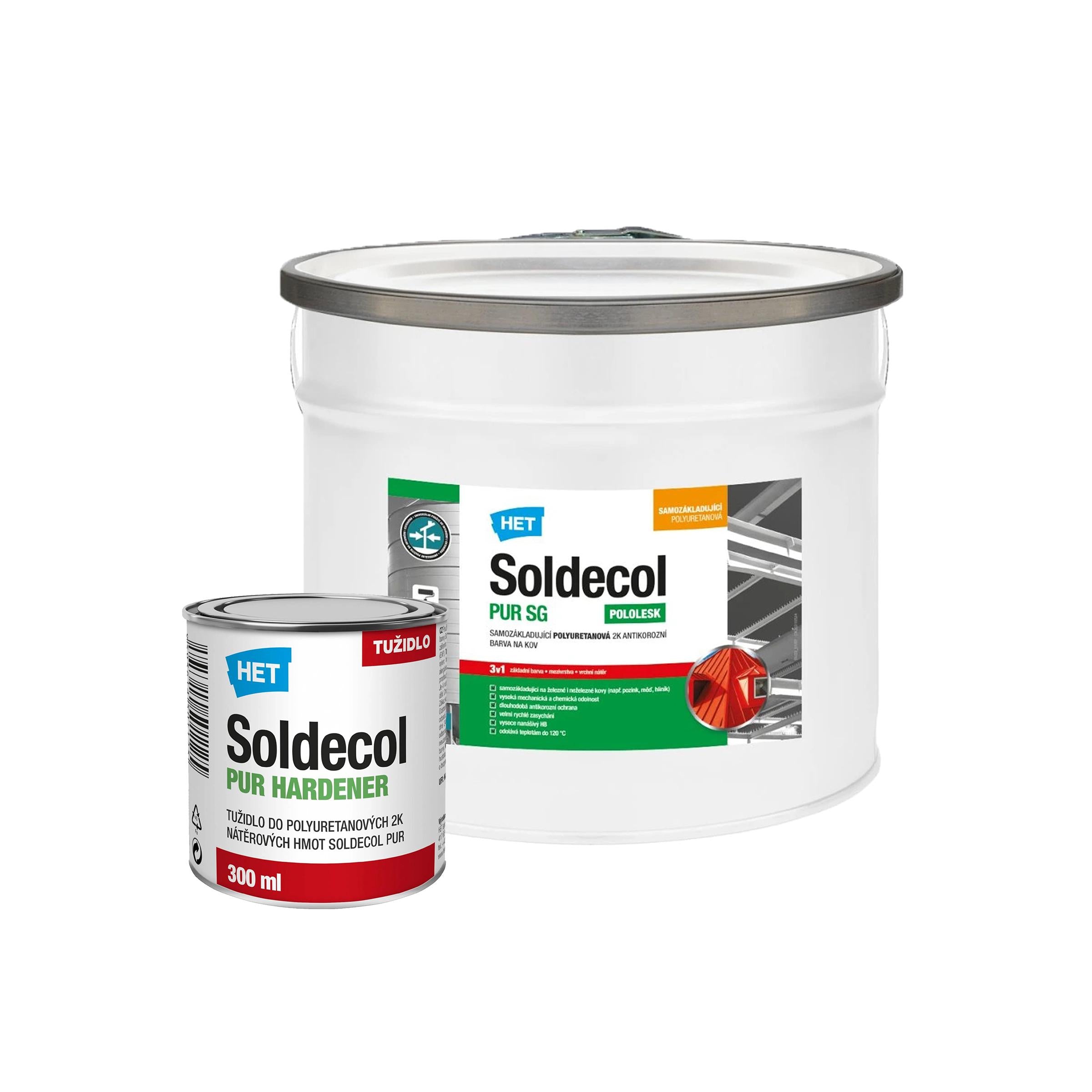HET Soldecol PUR SG - 3v1 vodou rěditelná polyuretanová 2K antikorozní barva na kov a tužidlo - 2,8 l (2,5 l + 300 ml tužidlo)