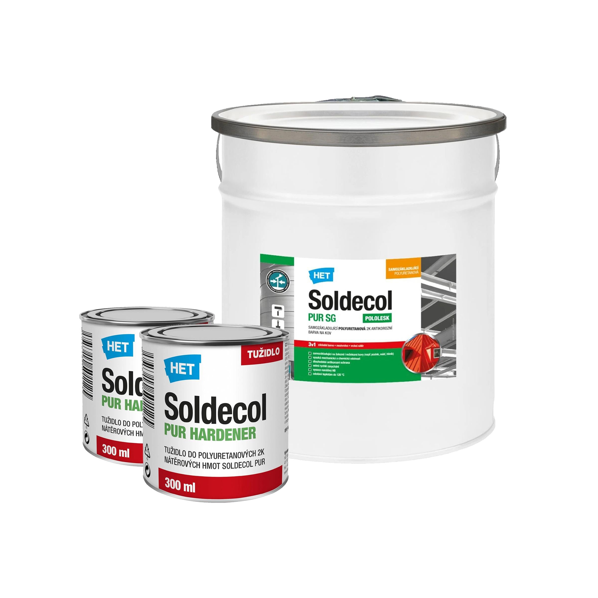 HET Soldecol PUR SG - 3v1 vodou rěditelná polyuretanová 2K antikorozní barva na kov a tužidlo - 5,6 l (5 l + 2 x 300 ml tužidlo)