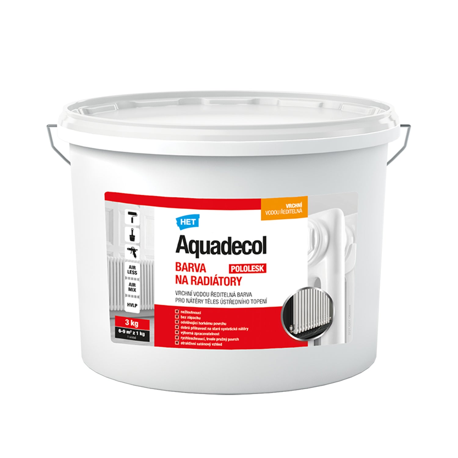 HET Aquadecol BARVA NA RADIÁTORY rychleschnoucí vodou ředitelná bílá barva 3 kg