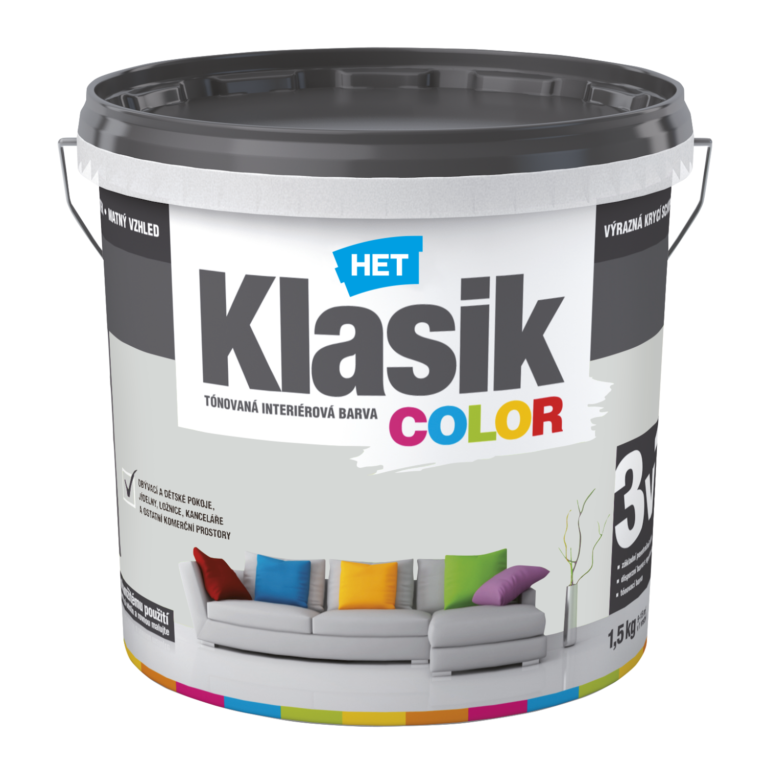 HET Klasik COLOR tónovaná interiérová akrylátová disperzní otěruvzdorná barva 1,5 kg, KC0117 - šedý platinový