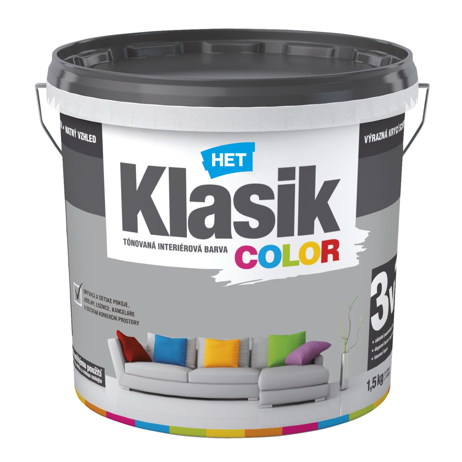 HET Klasik COLOR pastelová interiérová akrylátová otěruvzdorná barva na zeď 1,5 kg, KC0147 - šedý břidlicový