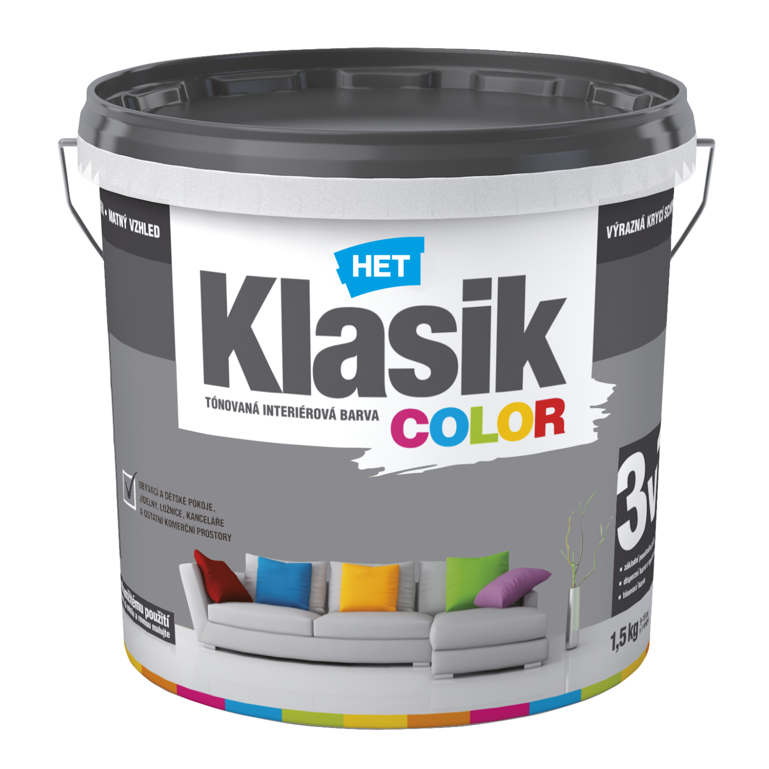 HET Klasik COLOR pastelová interiérová akrylátová otěruvzdorná barva na zeď 1,5 kg, KC0167 - šedý betonový