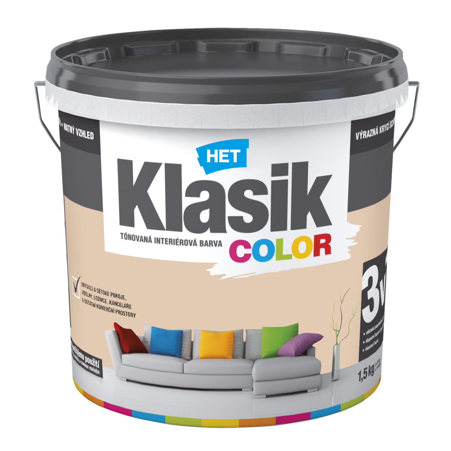 HET Klasik COLOR pastelová interiérová akrylátová otěruvzdorná barva na zeď 1,5 kg, KC0247 - béžový krémový