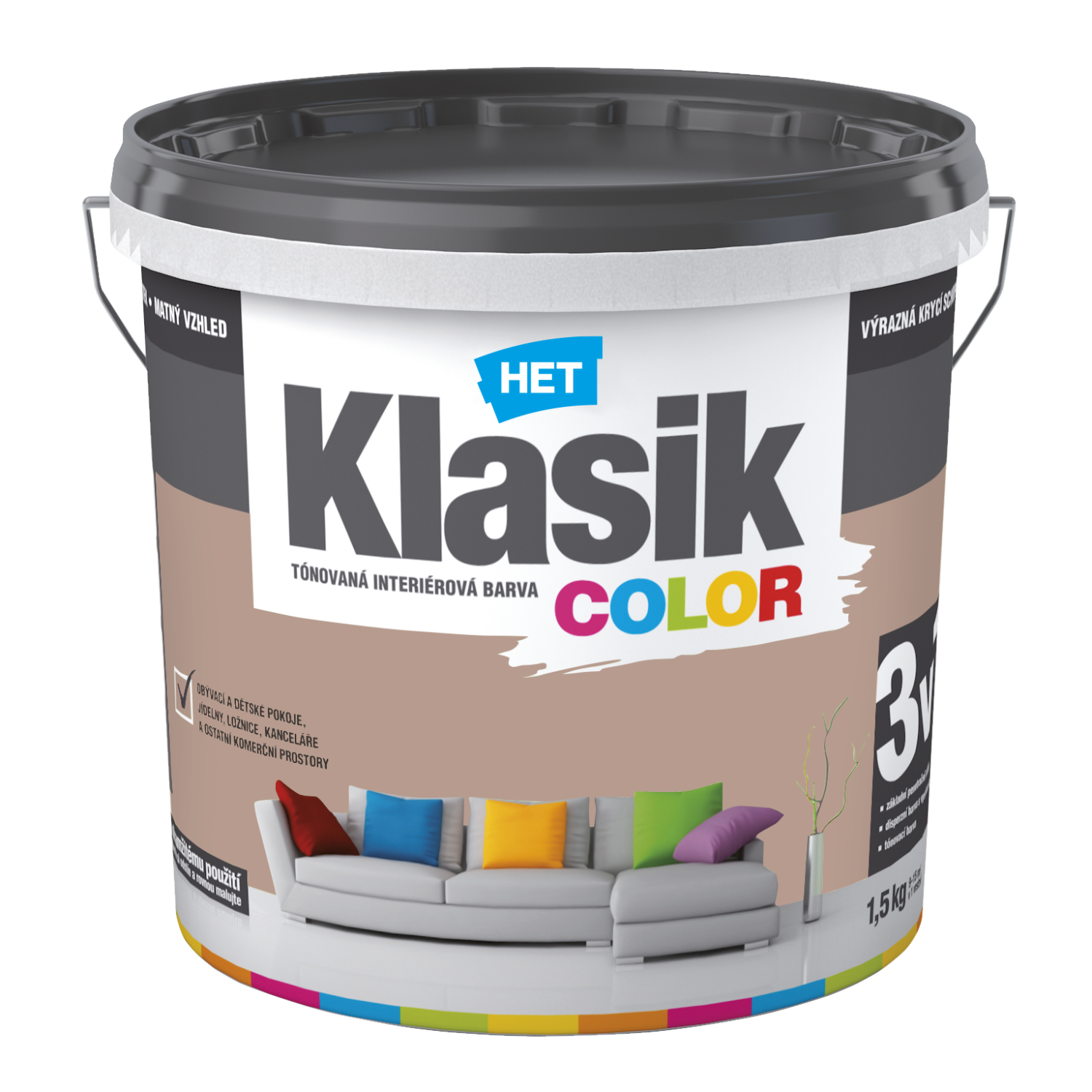 HET Klasik COLOR pastelová interiérová akrylátová otěruvzdorná barva na zeď 1,5 kg, KC0257 - hnědý ořechový