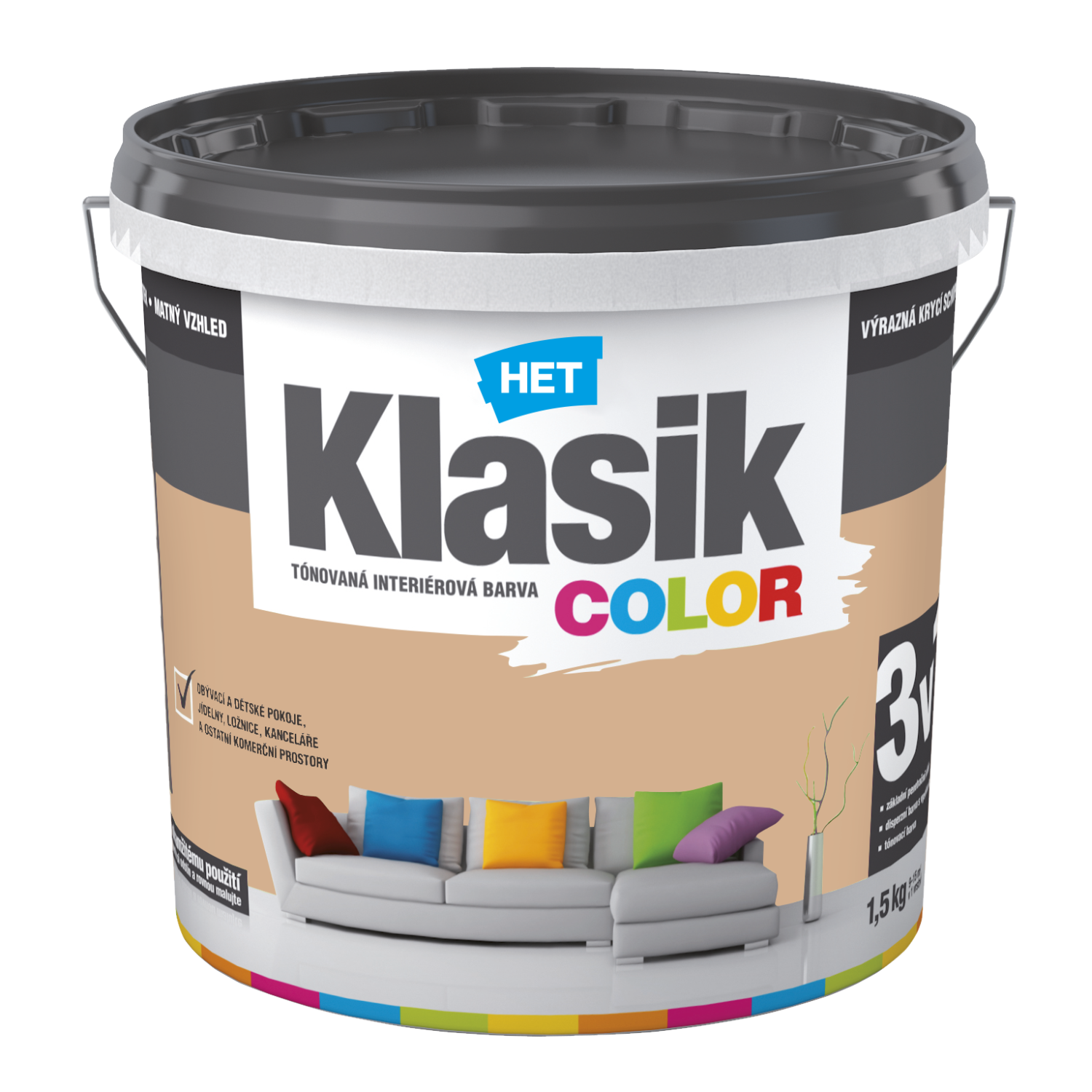 HET Klasik COLOR pastelová interiérová akrylátová otěruvzdorná barva na zeď 1,5 kg, KC0267 - hnědý karamelový