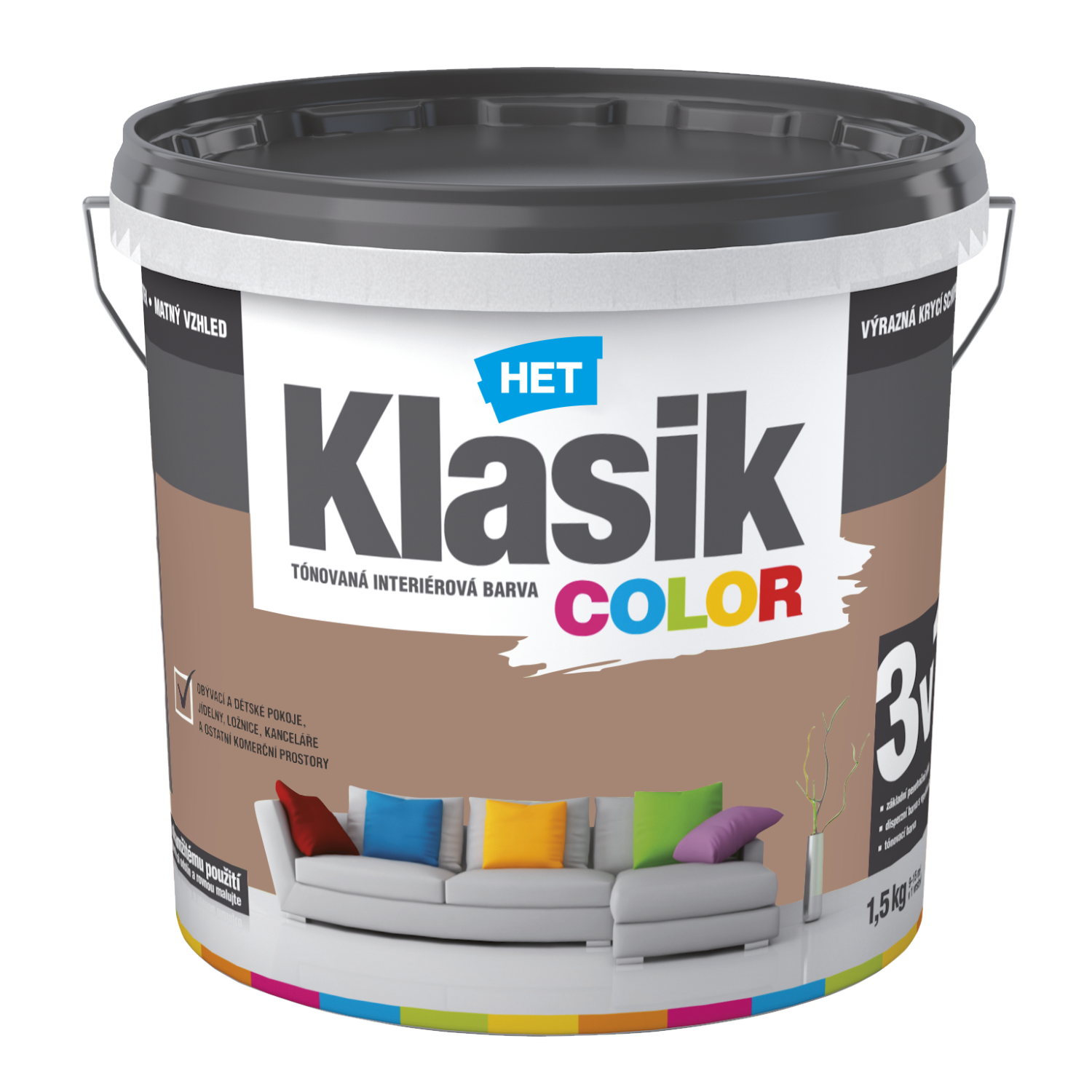 HET Klasik COLOR pastelová interiérová akrylátová otěruvzdorná barva na zeď 1,5 kg, KC0277 - hnědý čokoládový