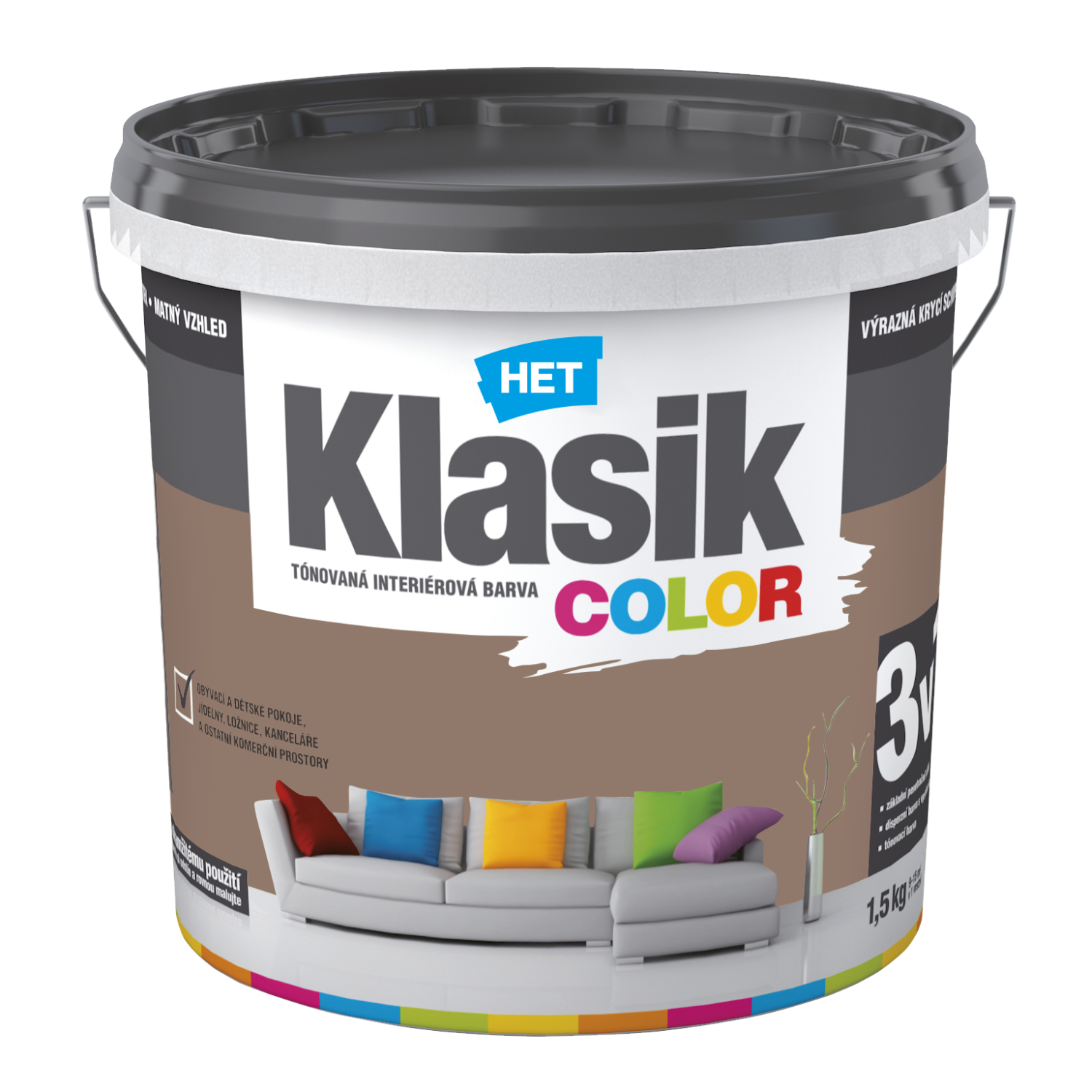 HET Klasik COLOR pastelová interiérová akrylátová otěruvzdorná barva na zeď 1,5 kg, KC0297 - hnědý nugátový