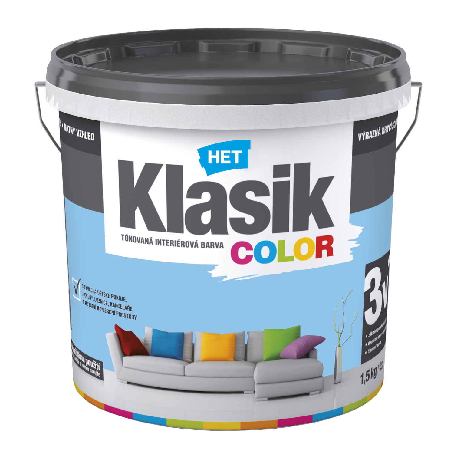 HET Klasik COLOR pastelová interiérová akrylátová otěruvzdorná barva na zeď 1,5 kg, KC0407 - modrý blankytný