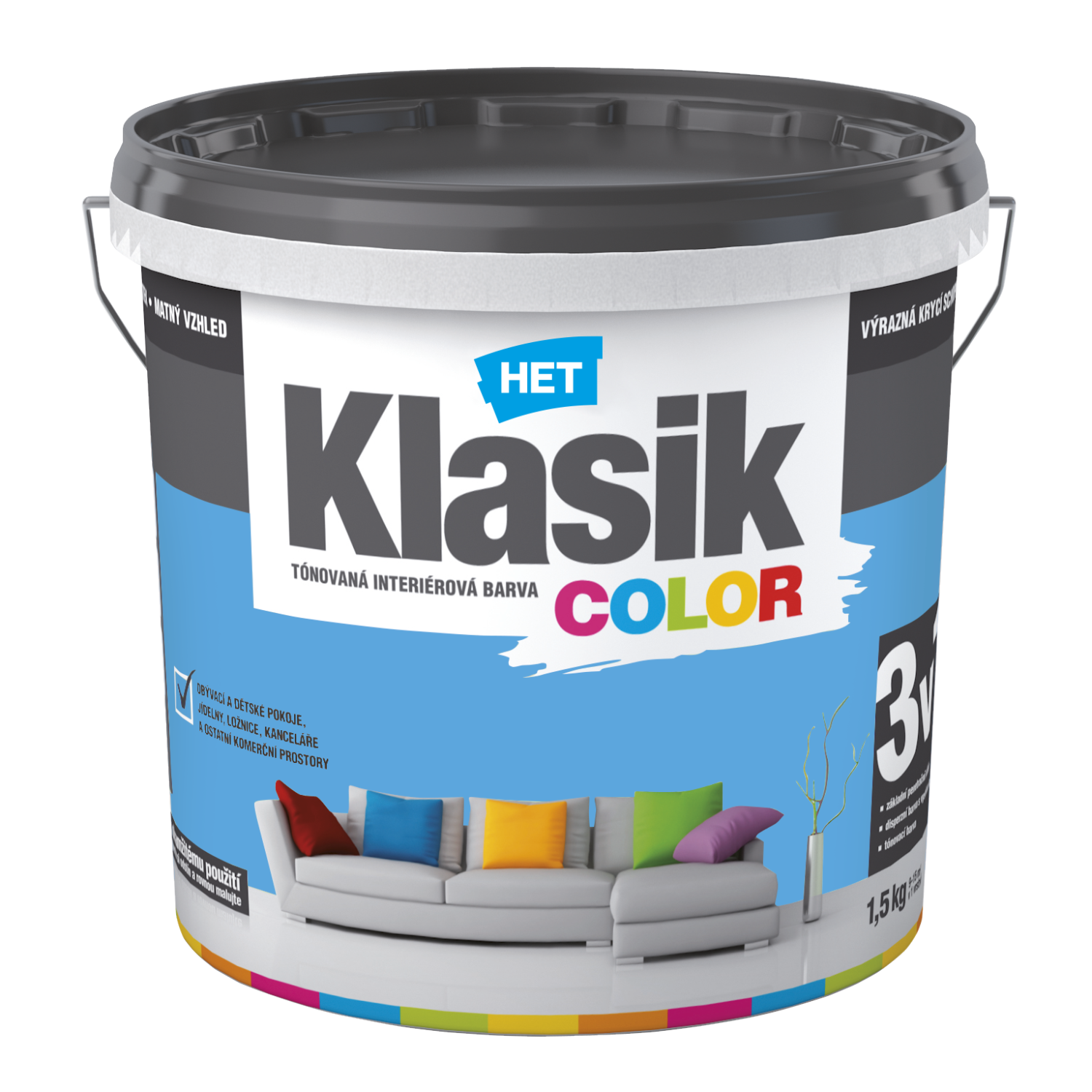 HET Klasik COLOR pastelová interiérová akrylátová otěruvzdorná barva na zeď 1,5 kg, KC0417 - modrý azurový