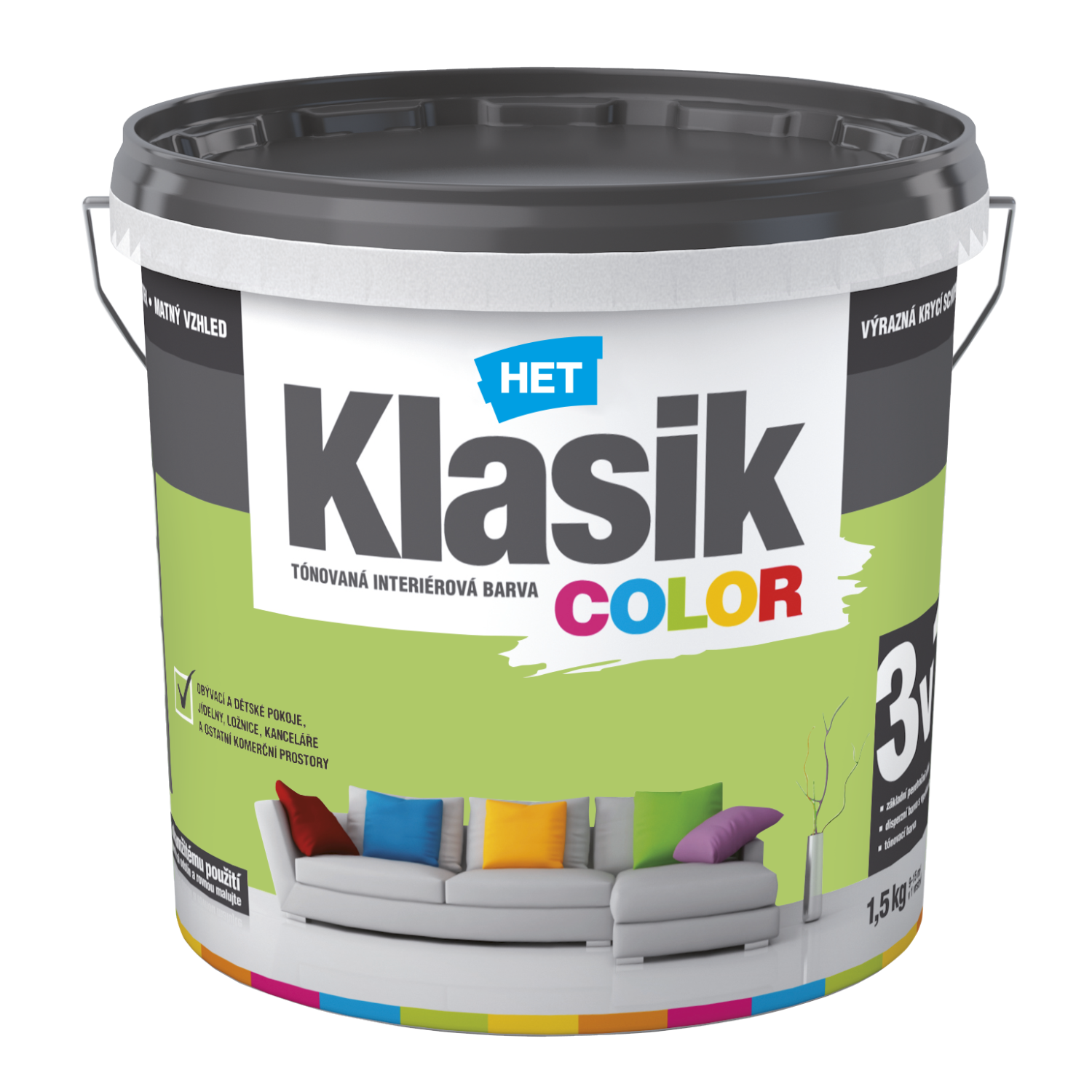 HET Klasik COLOR pastelová interiérová akrylátová otěruvzdorná barva na zeď 1,5 kg, KC0597 - zelený limetkový