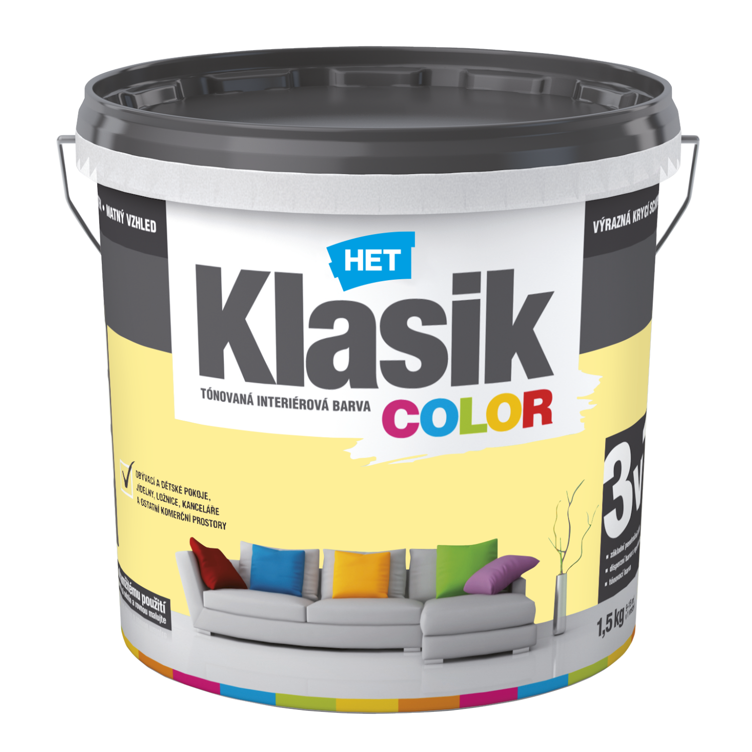 HET Klasik COLOR pastelová interiérová akrylátová otěruvzdorná barva na zeď 1,5 kg, KC0608 - žlutý zázvorový
