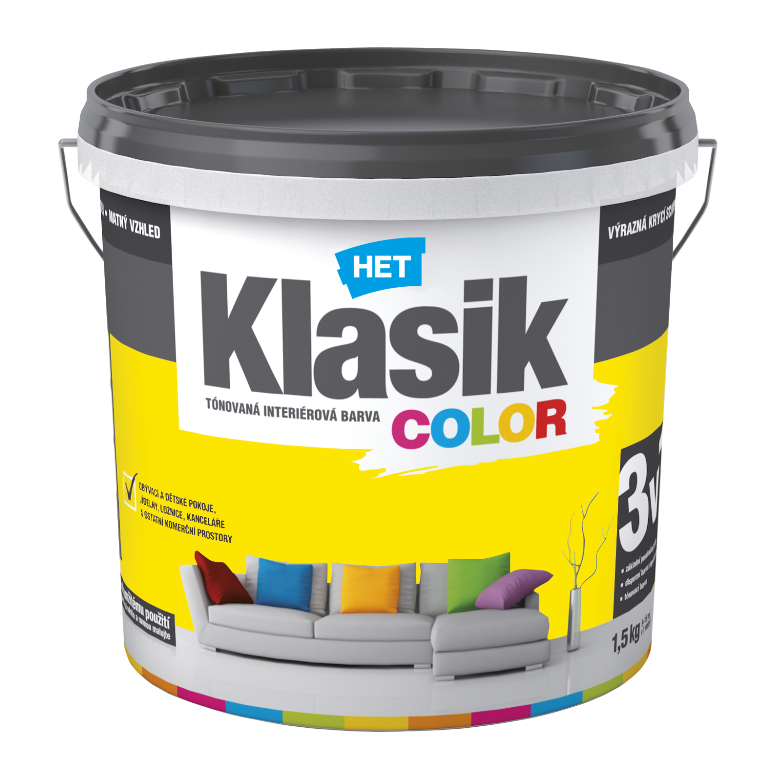 HET Klasik COLOR pastelová interiérová akrylátová otěruvzdorná barva na zeď 1,5 kg, KC0618 - žlutý citrónový