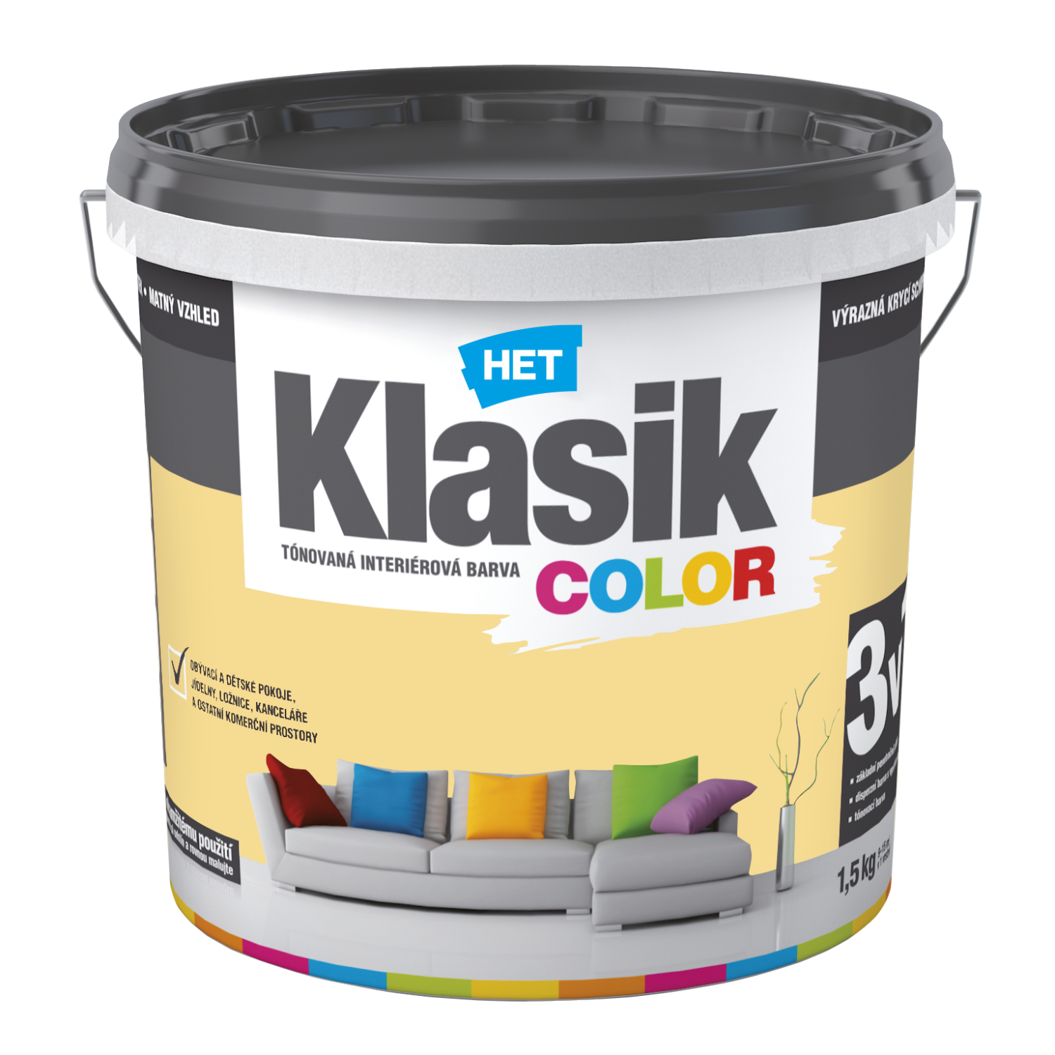 HET Klasik COLOR pastelová interiérová akrylátová otěruvzdorná barva na zeď 1,5 kg, KC0637 - žlutý banánový