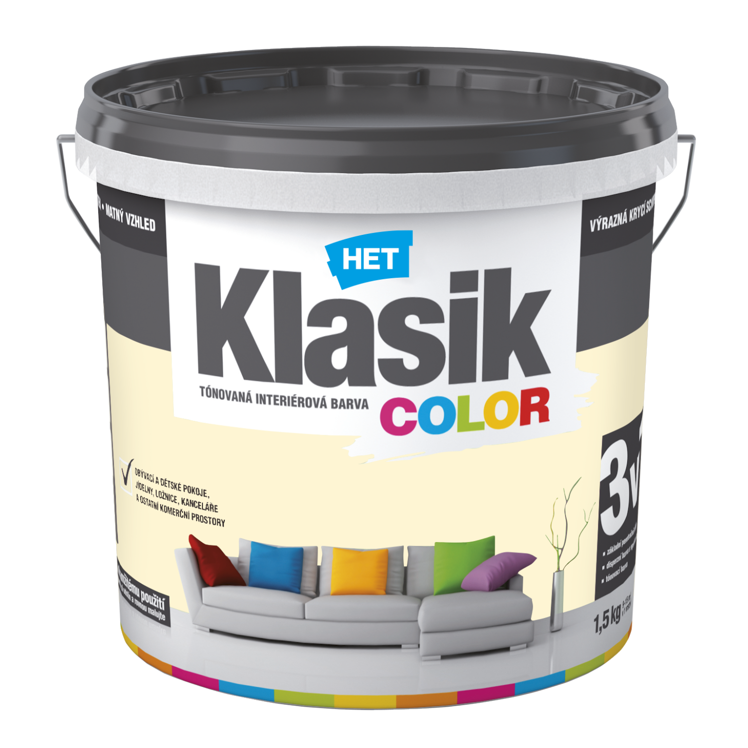 HET Klasik COLOR pastelová interiérová akrylátová otěruvzdorná barva na zeď 1,5 kg, KC0667 - žlutý vanilkový