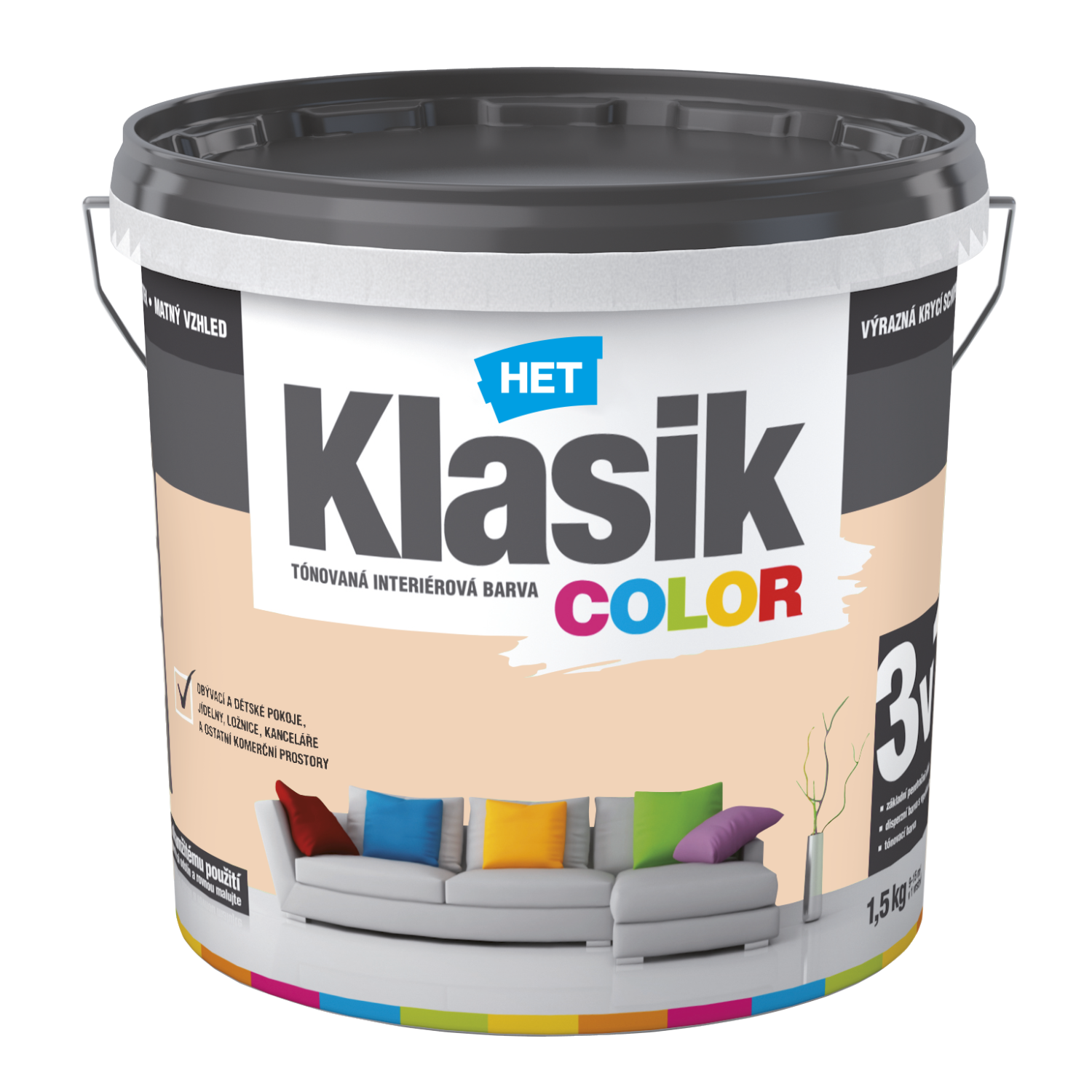 HET Klasik COLOR pastelová interiérová akrylátová otěruvzdorná barva na zeď 1,5 kg, KC0728 - oranžový broskvový