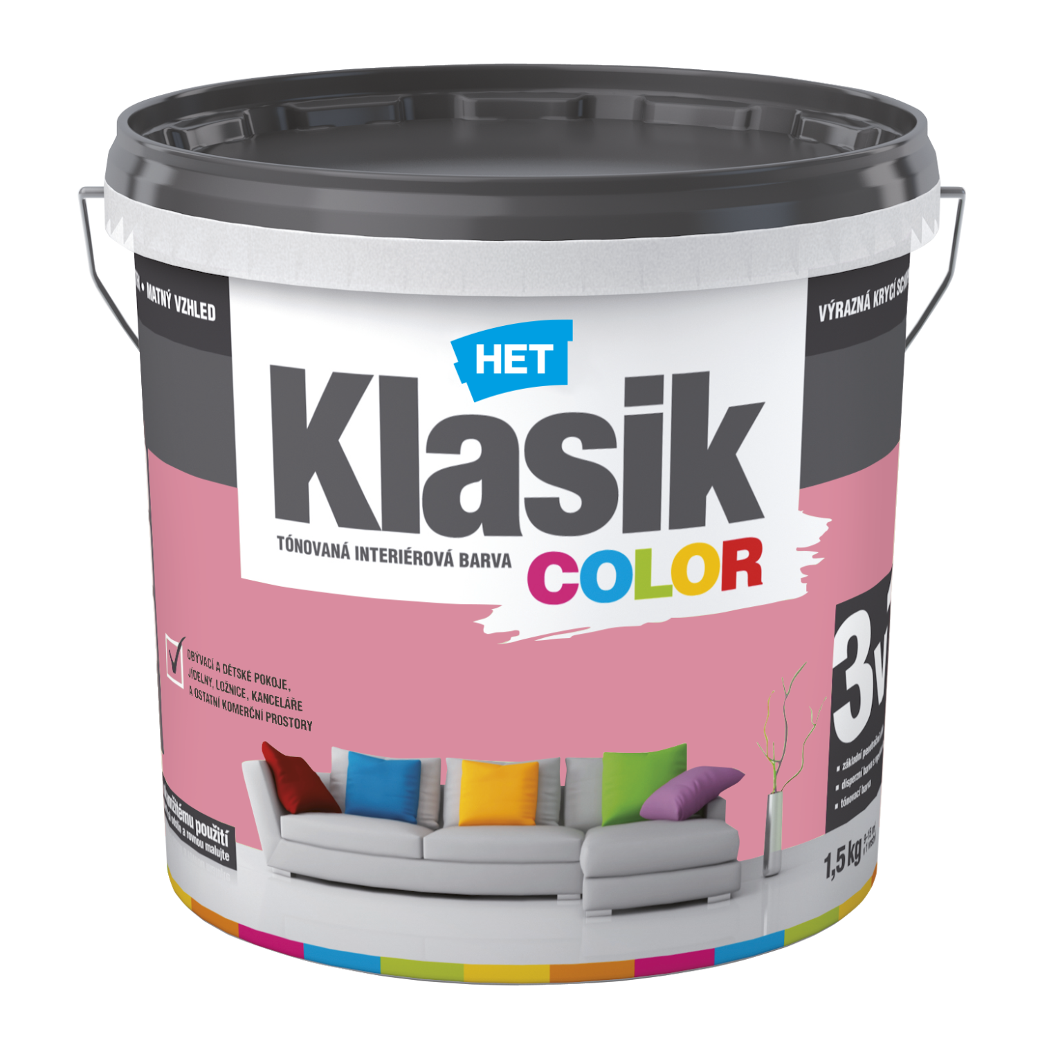 HET Klasik COLOR pastelová interiérová akrylátová otěruvzdorná barva na zeď 1,5 kg, KC0837 - růžový