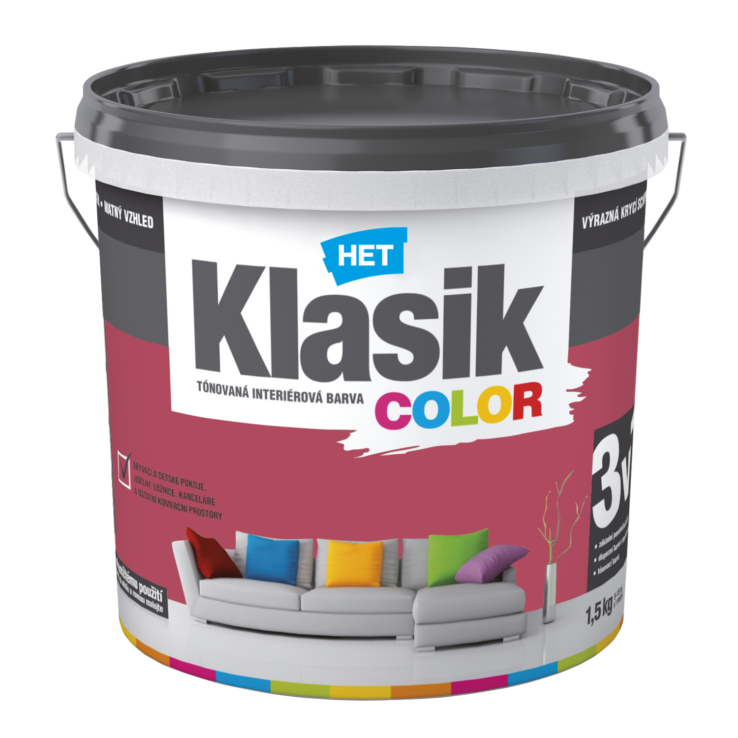HET Klasik COLOR pastelová interiérová akrylátová otěruvzdorná barva na zeď 1,5 kg, KC0897 - vínový