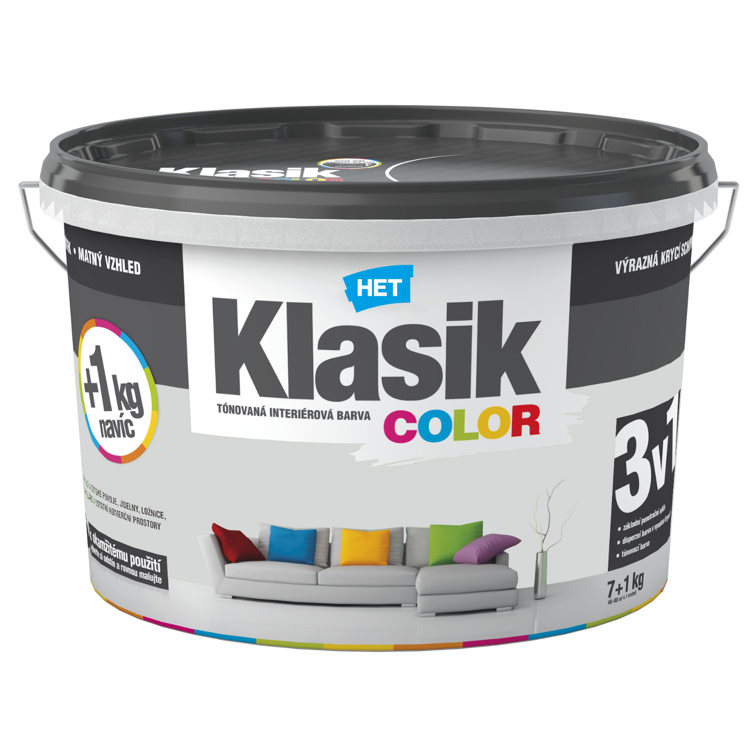 HET Klasik COLOR pastelová interiérová akrylátová otěruvzdorná barva na zeď 7 kg + 1 kg zdarma, KC0117 - šedý platinový