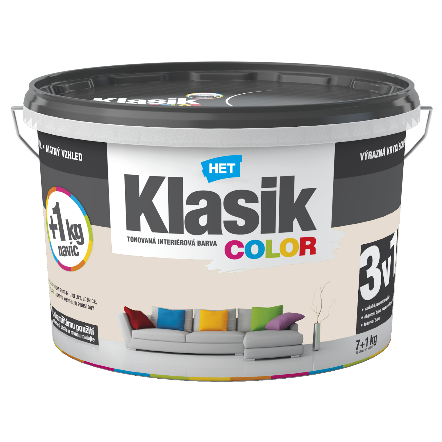 HET Klasik COLOR pastelová interiérová akrylátová otěruvzdorná barva na zeď 7 kg + 1 kg zdarma, KC0218 - béžový pískový