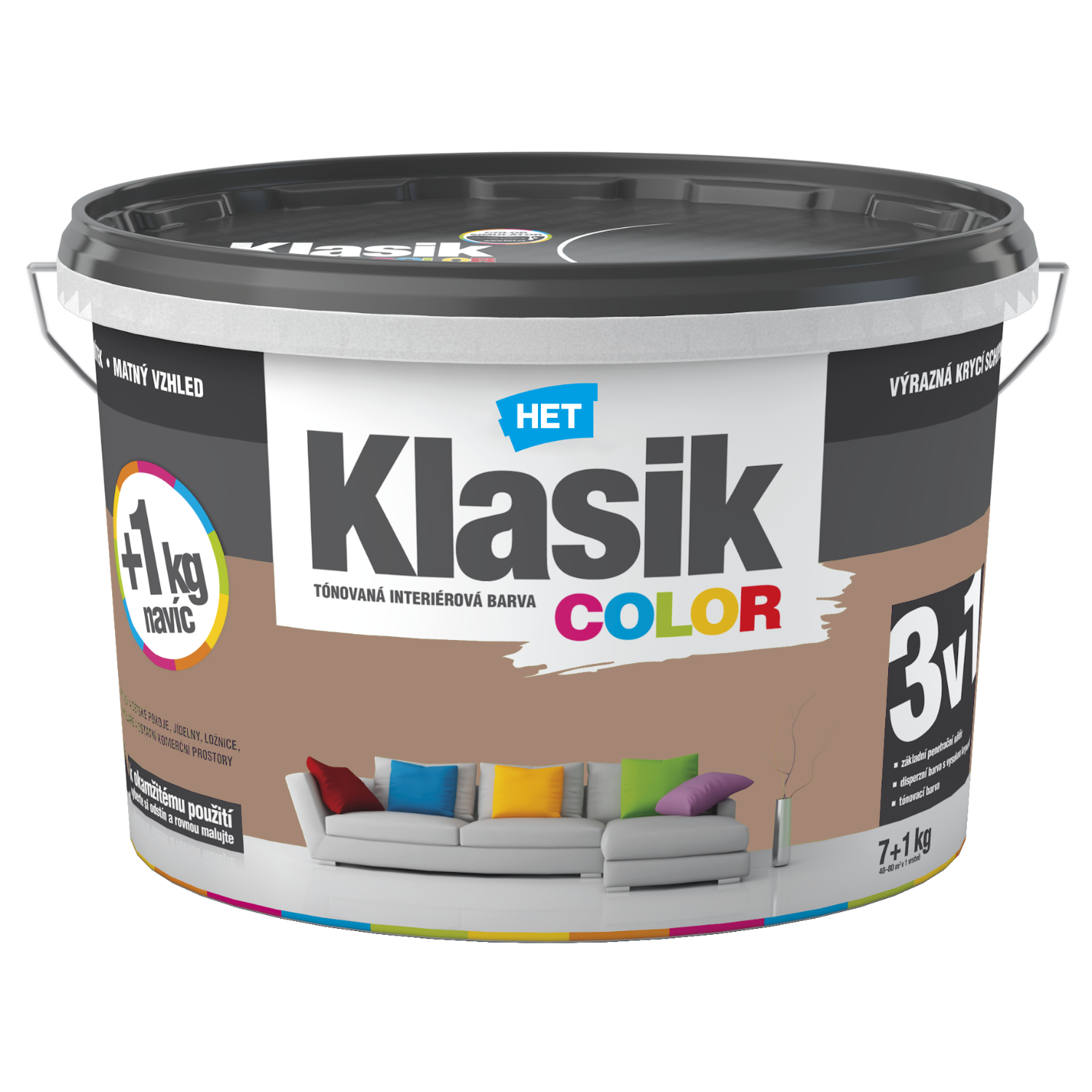 HET Klasik COLOR pastelová interiérová akrylátová otěruvzdorná barva na zeď 7 kg + 1 kg zdarma, KC0277 - hnědý čokoládový