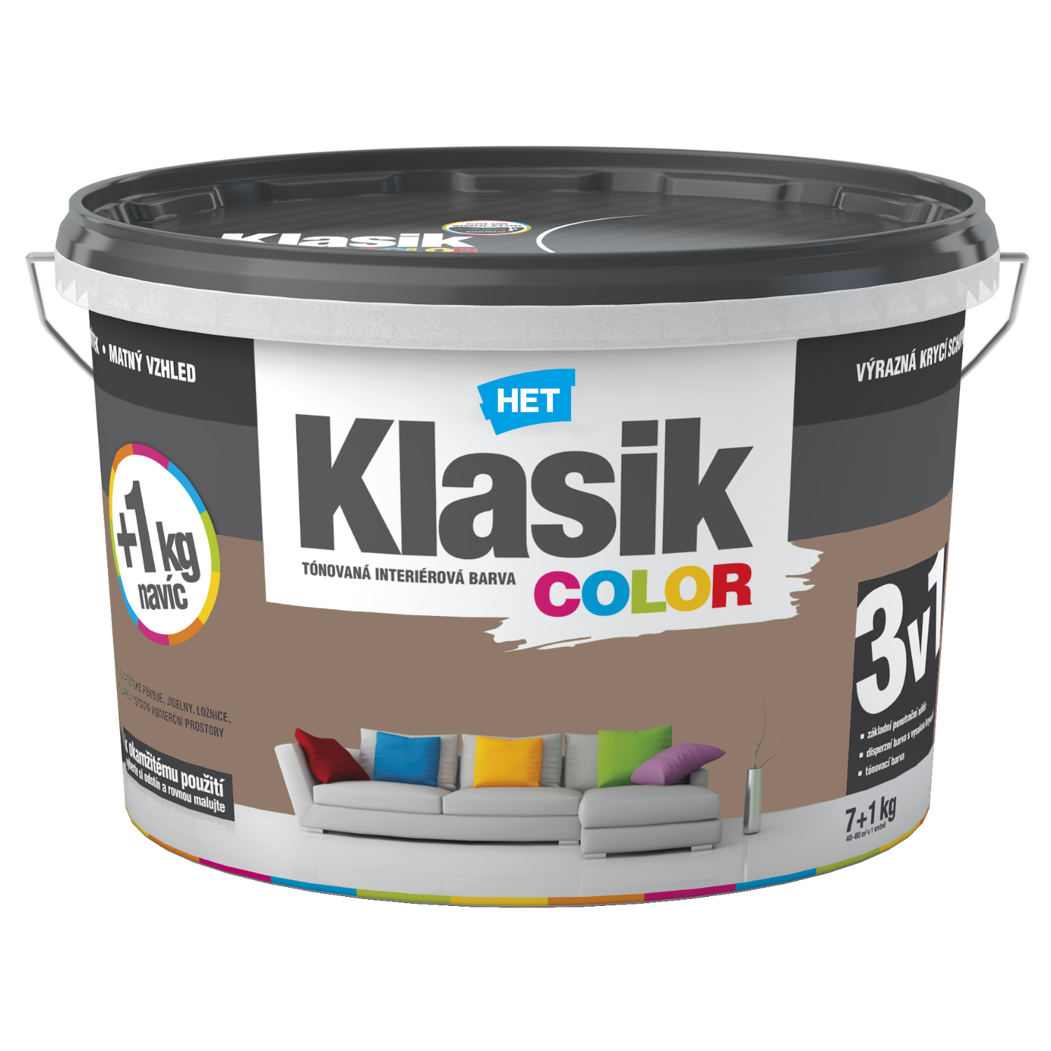 HET Klasik COLOR pastelová interiérová akrylátová otěruvzdorná barva na zeď 7 kg + 1 kg zdarma, KC0297 - hnědý nugátový