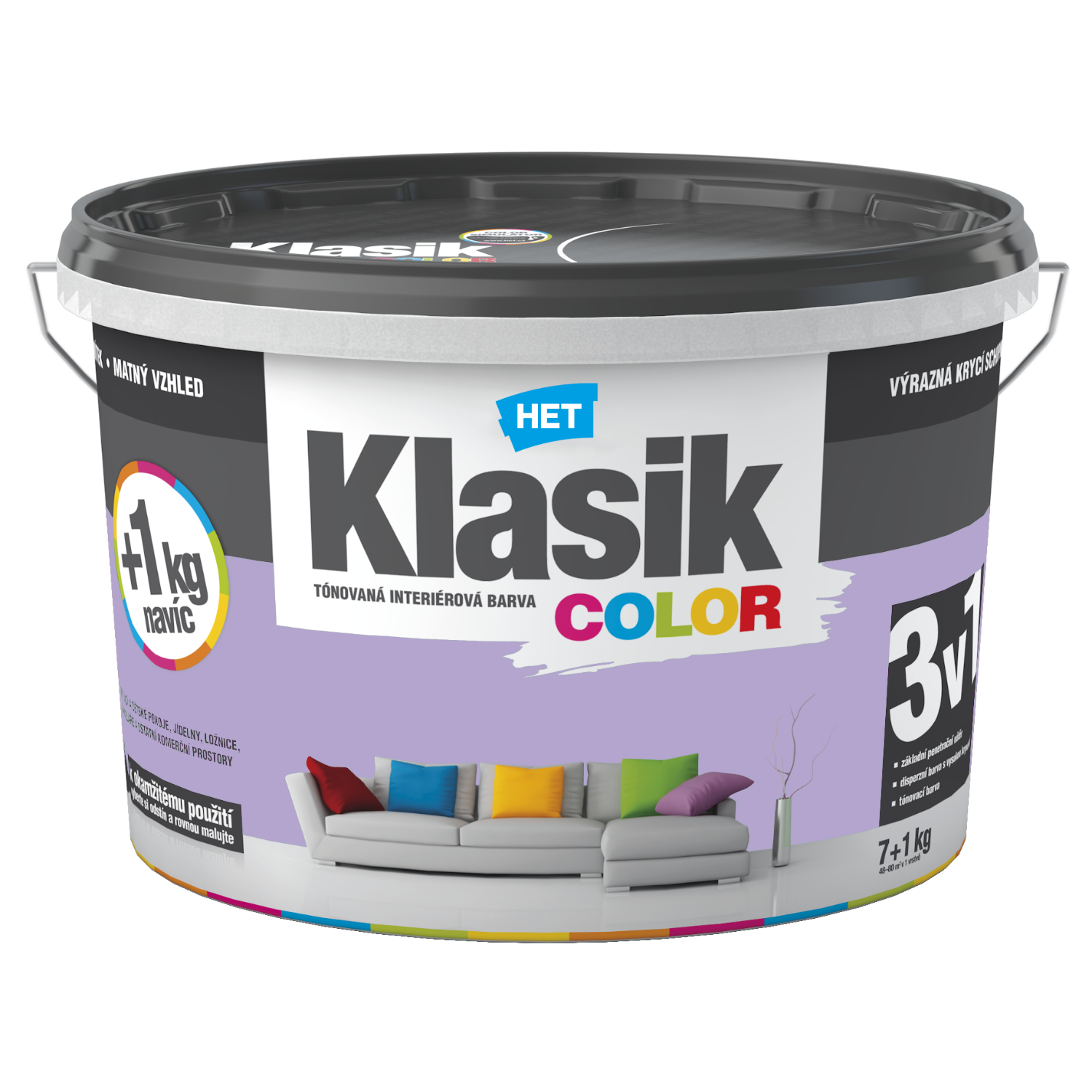 HET Klasik COLOR pastelová interiérová akrylátová otěruvzdorná barva na zeď 7 kg + 1 kg zdarma, KC0327 - fialový lila
