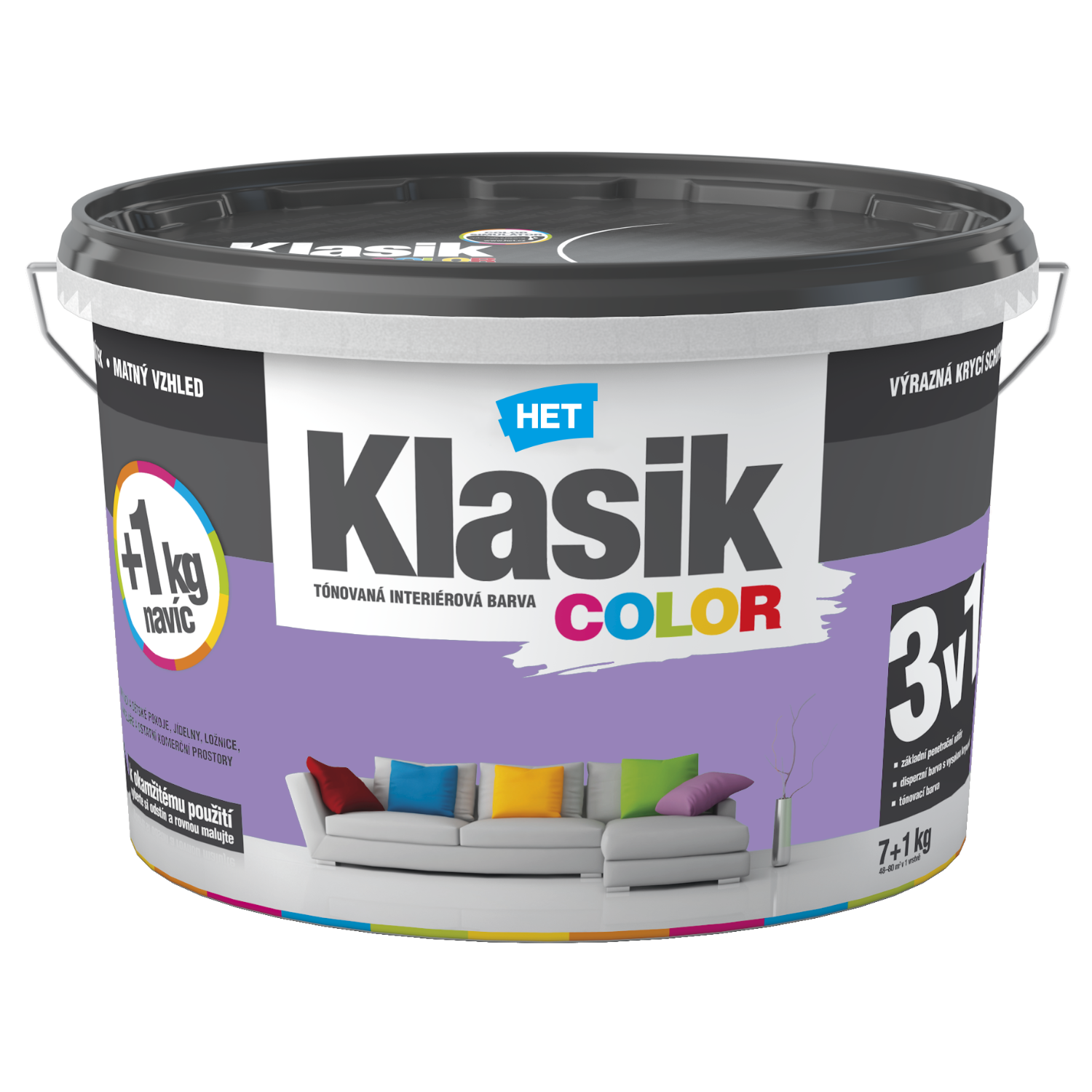 HET Klasik COLOR pastelová interiérová akrylátová otěruvzdorná barva na zeď 7 kg + 1 kg zdarma, KC0347 - fialový šeříkový
