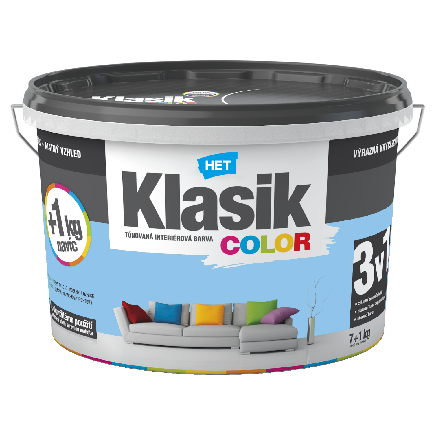 HET Klasik COLOR pastelová interiérová akrylátová otěruvzdorná barva na zeď 7 kg + 1 kg zdarma, KC0407 - modrý blankytný