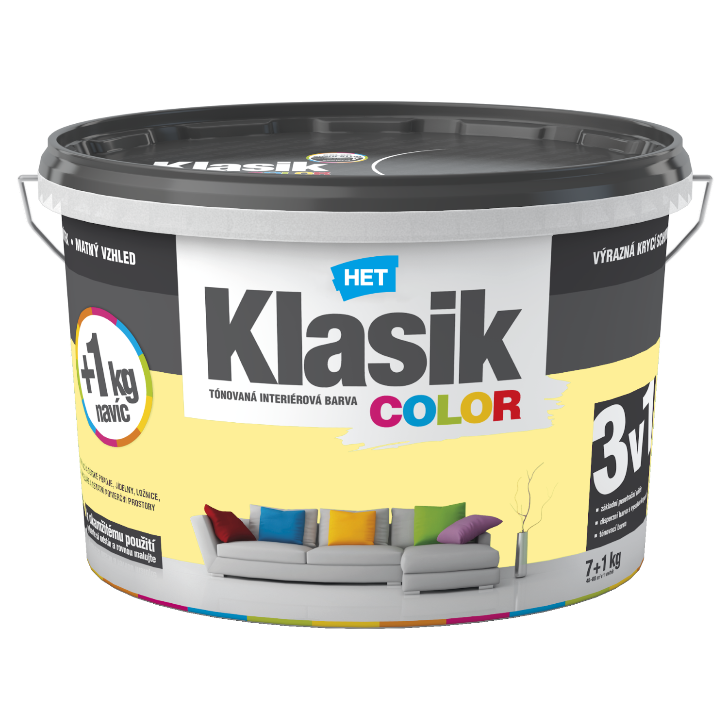 HET Klasik COLOR pastelová interiérová akrylátová otěruvzdorná barva na zeď 7 kg + 1 kg zdarma, KC0608 - žlutý zázvorový